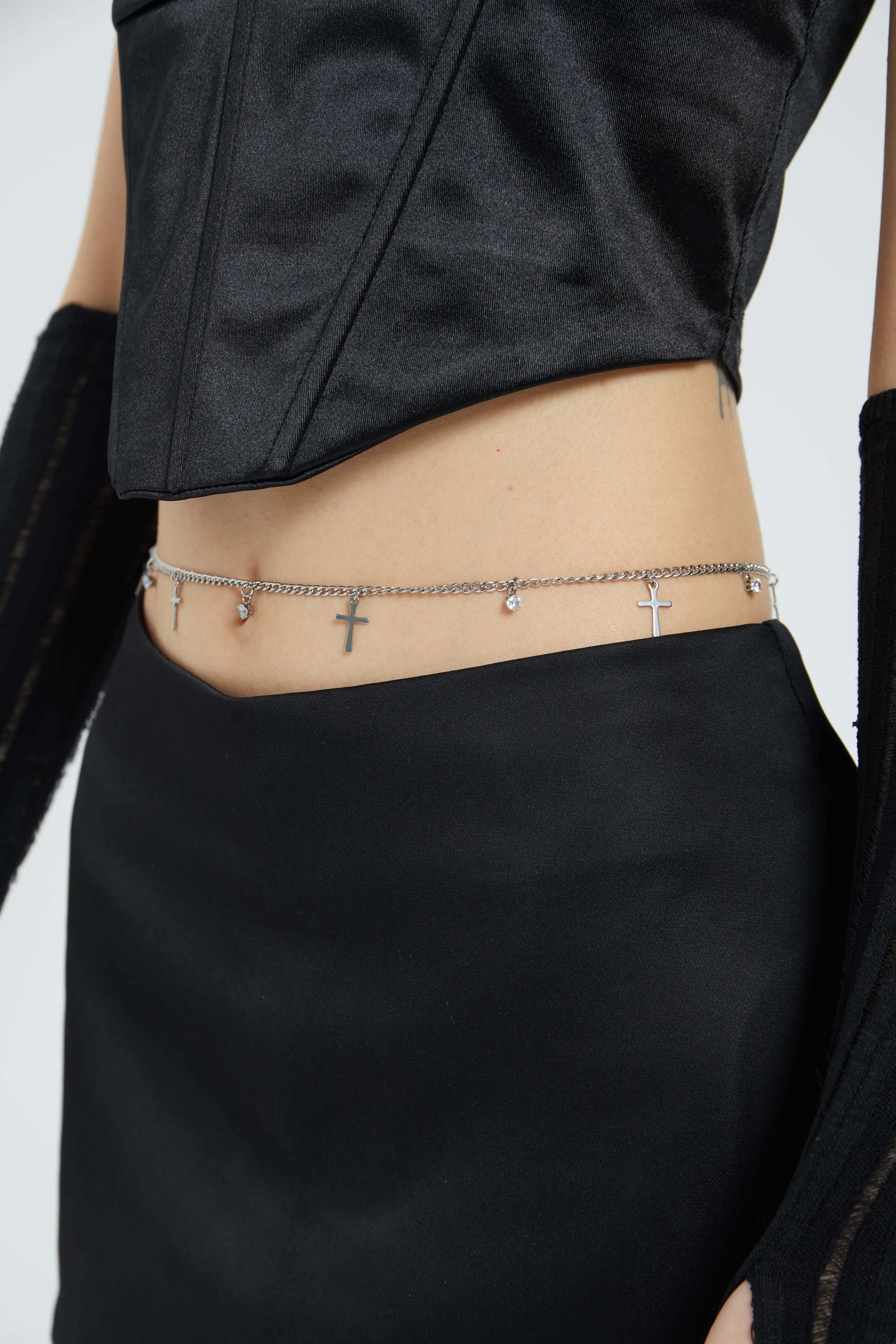 Fervooor chrome heart lily crucifix belly chain