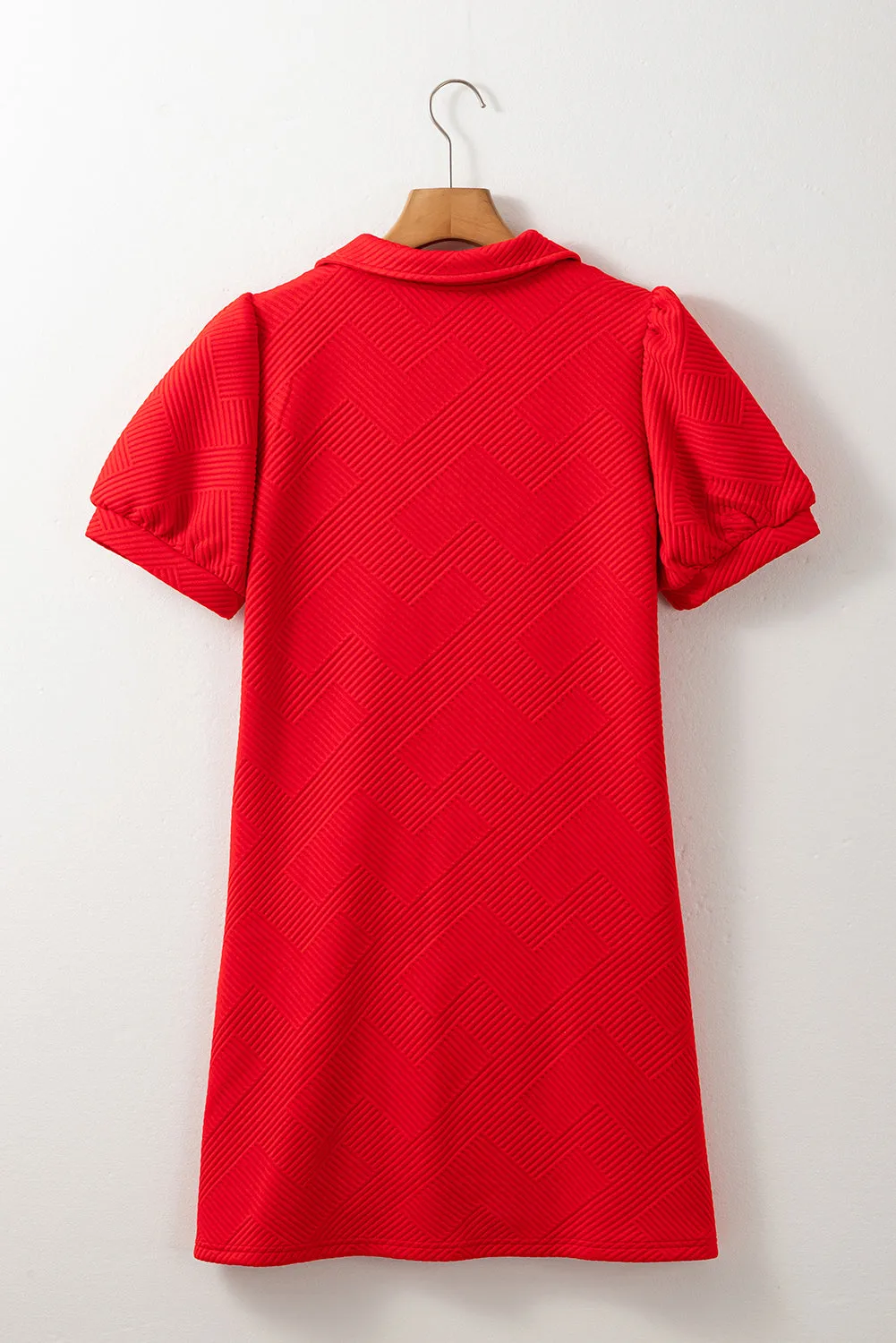 Fiery Red V Neck Puff Sleeve Textured Mini Dress