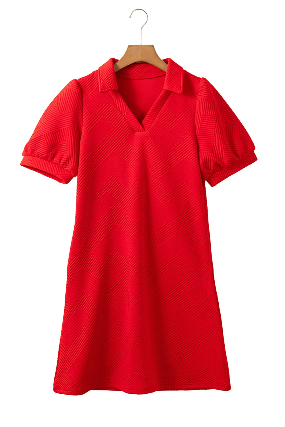 Fiery Red V Neck Puff Sleeve Textured Mini Dress