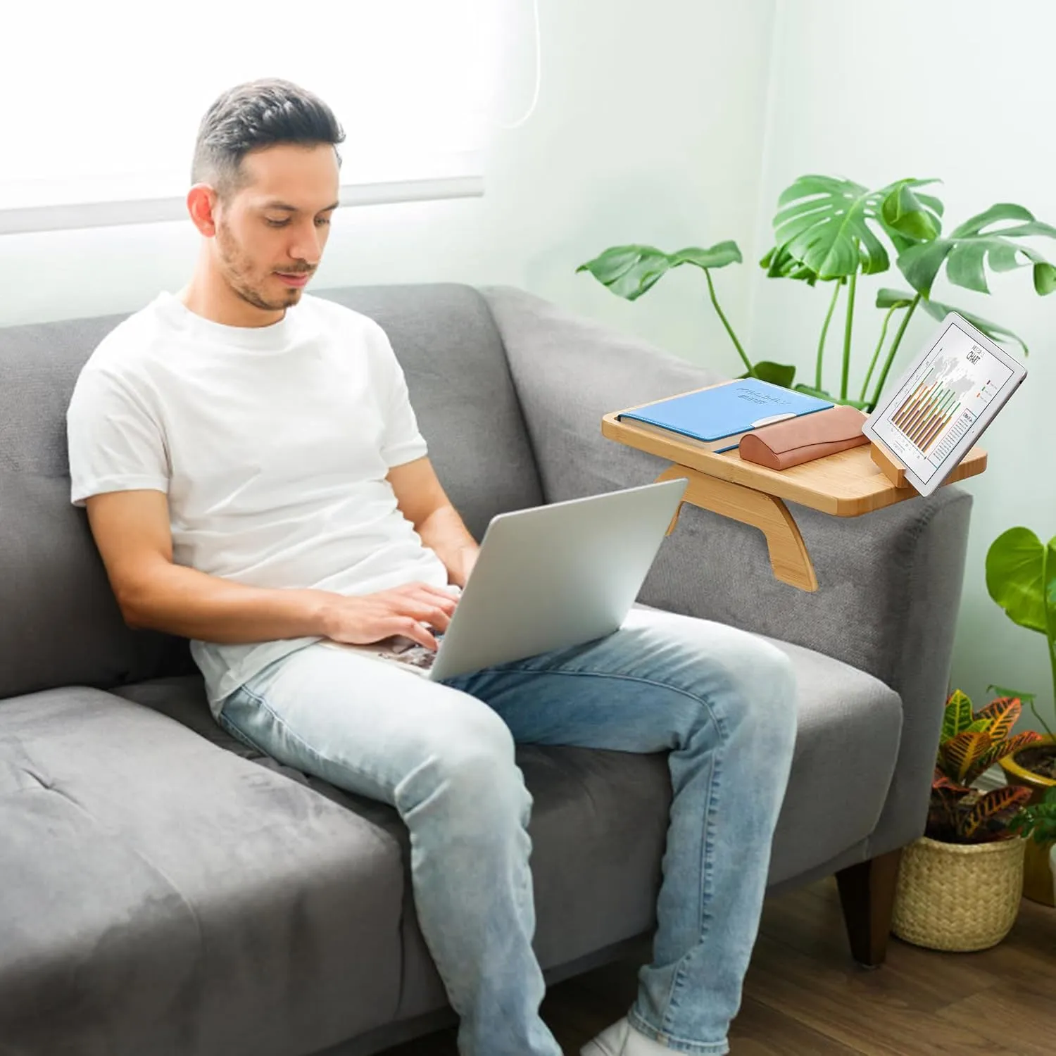 Foldable Bamboo Wooden Couch Arm Table – Convenient Armrest Tray for Drinks, Snacks, Remotes & Magazines