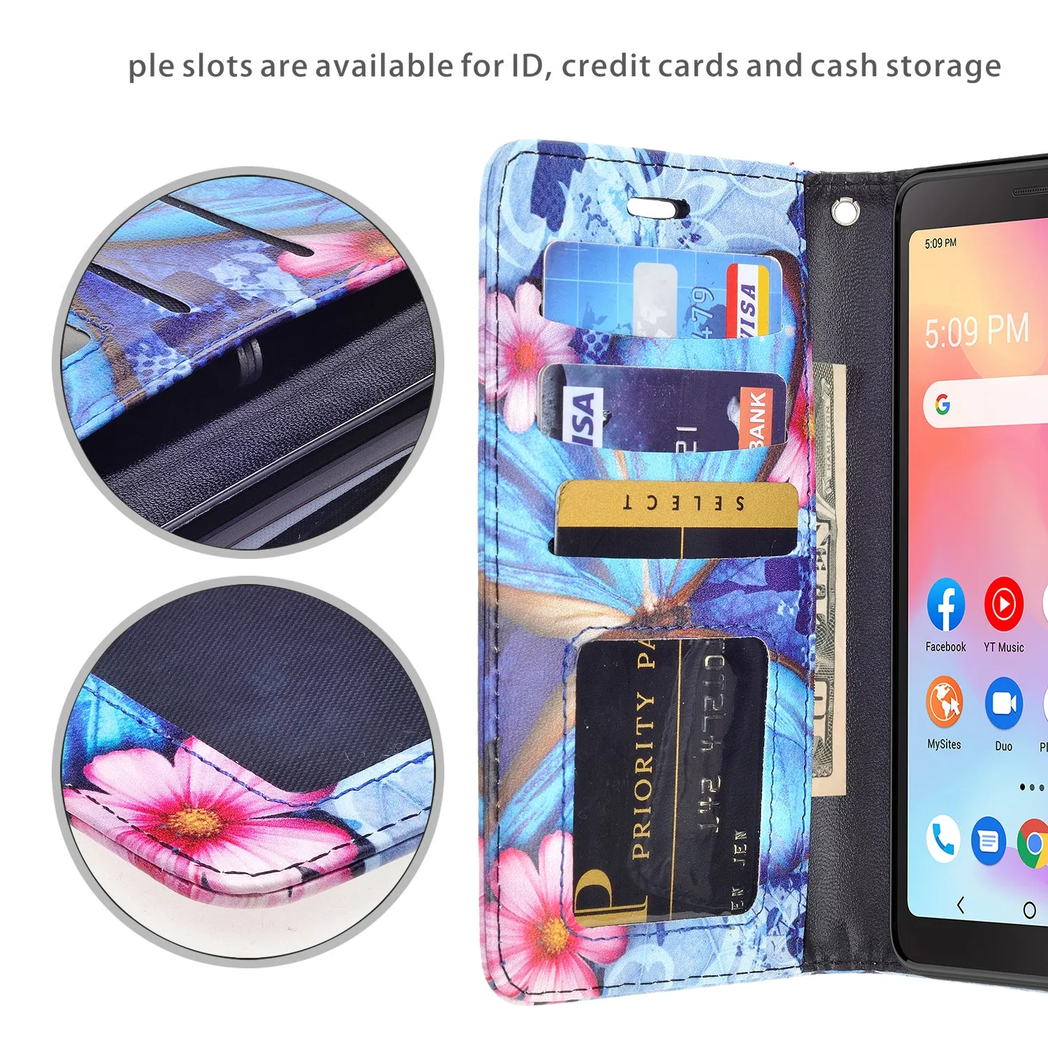 For TCL A3 Case, TCL A3 Wallet Case, Wrist Strap Pu Leather Wallet Case [Kickstand] with ID & Credit Card Slots - Blue Butterfly