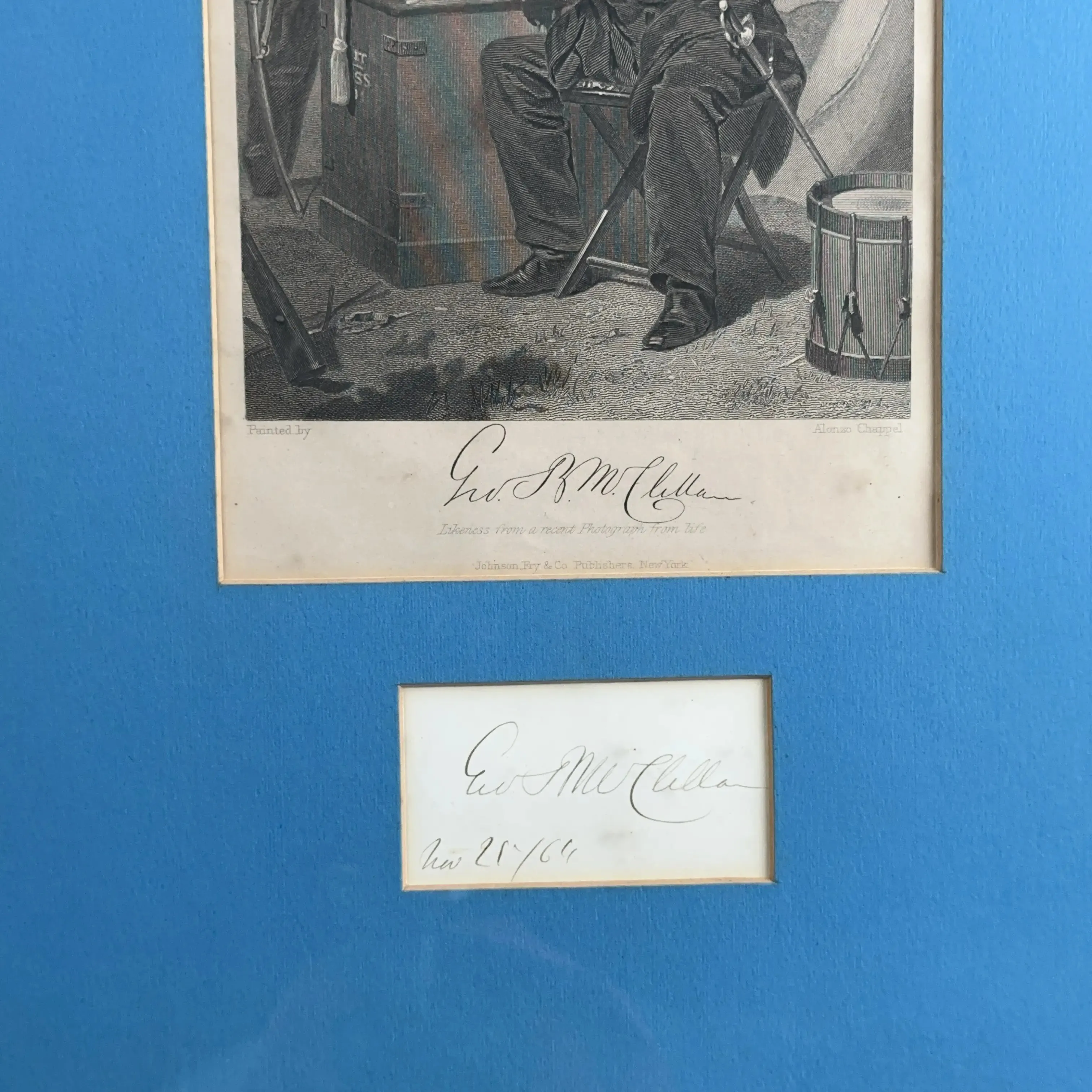 Framed Steel Engraving & Card — Signed by Gen. George McClellan - c.1864