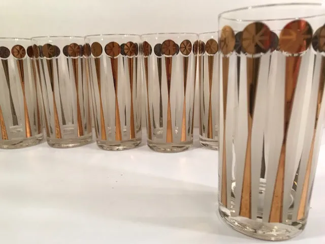 Fred Press Signed Mid-Century Gold and White Atomic Star Glasses (Set of 8 with Carrier)