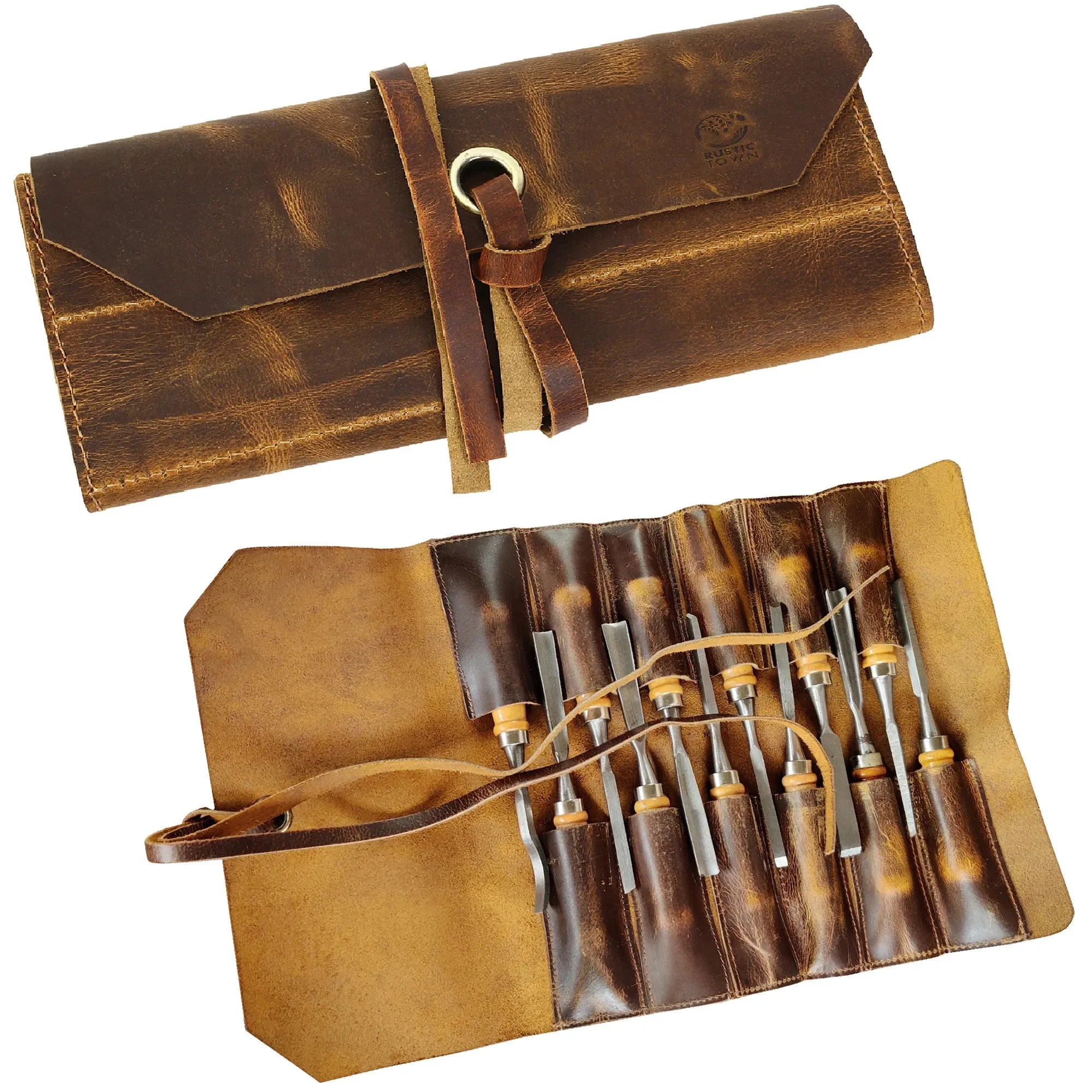 Full Grain Leather Tool Roll Up Pouch- Handcrafted Tool Kit (12 Slots)