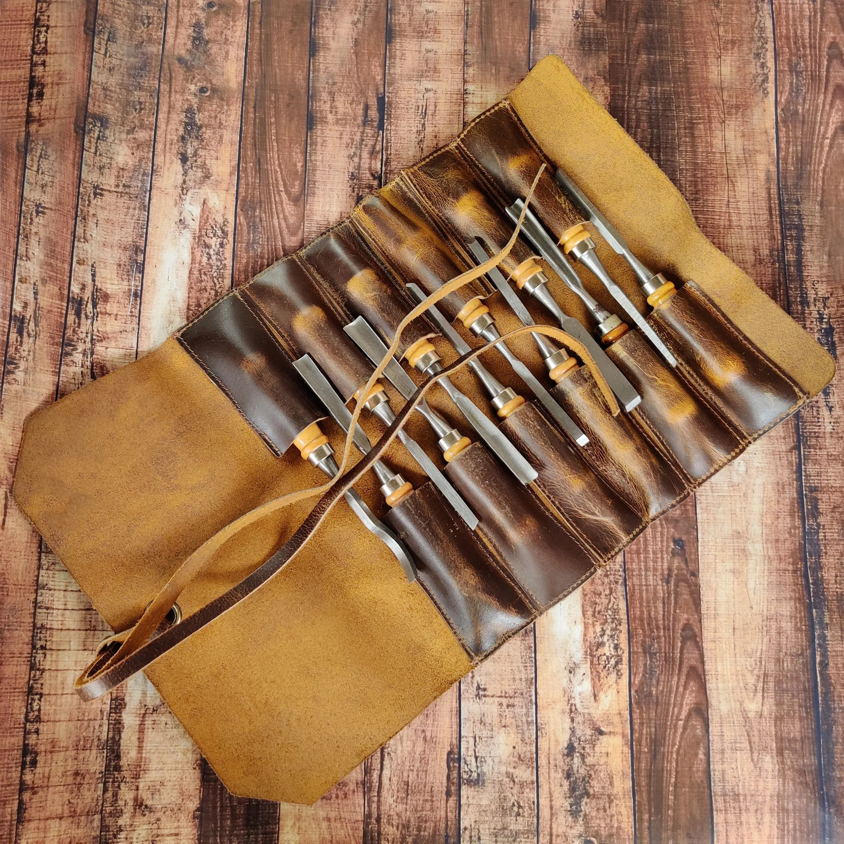 Full Grain Leather Tool Roll Up Pouch- Handcrafted Tool Kit (12 Slots)