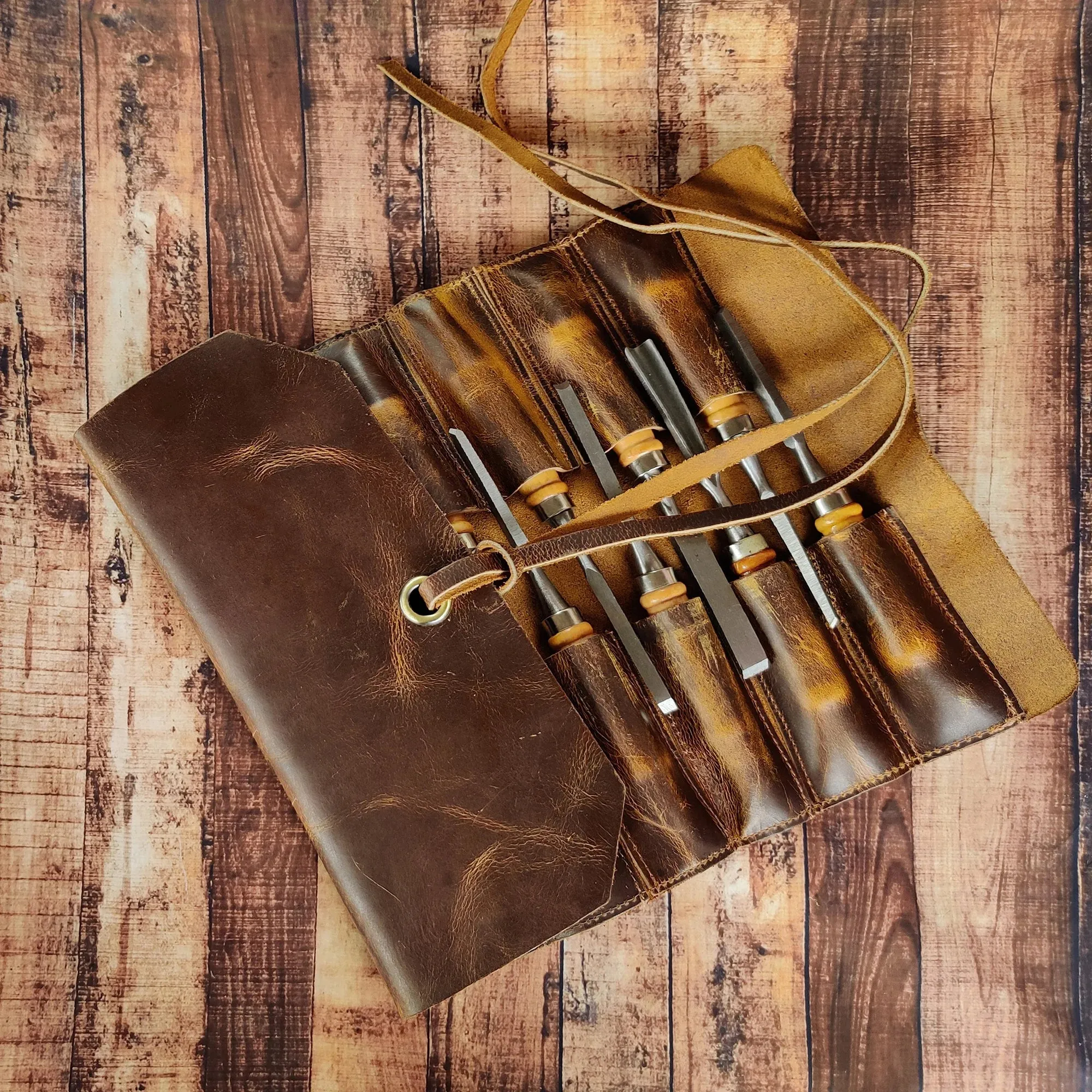 Full Grain Leather Tool Roll Up Pouch- Handcrafted Tool Kit (12 Slots)