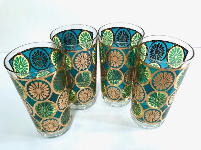 Georges Briard Signed Mid-Century Blue and Green Kaleidoscope Glasses (Set of 4)