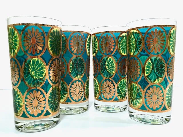 Georges Briard Signed Mid-Century Blue and Green Kaleidoscope Glasses (Set of 4)