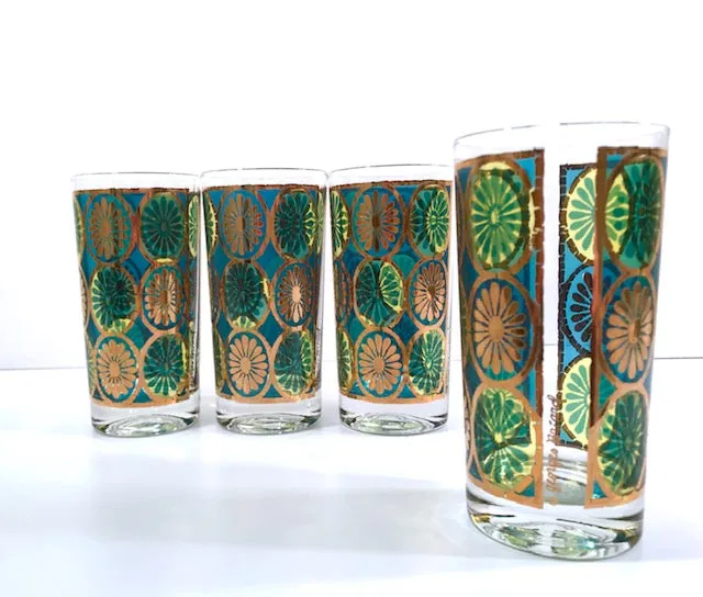 Georges Briard Signed Mid-Century Blue and Green Kaleidoscope Glasses (Set of 4)