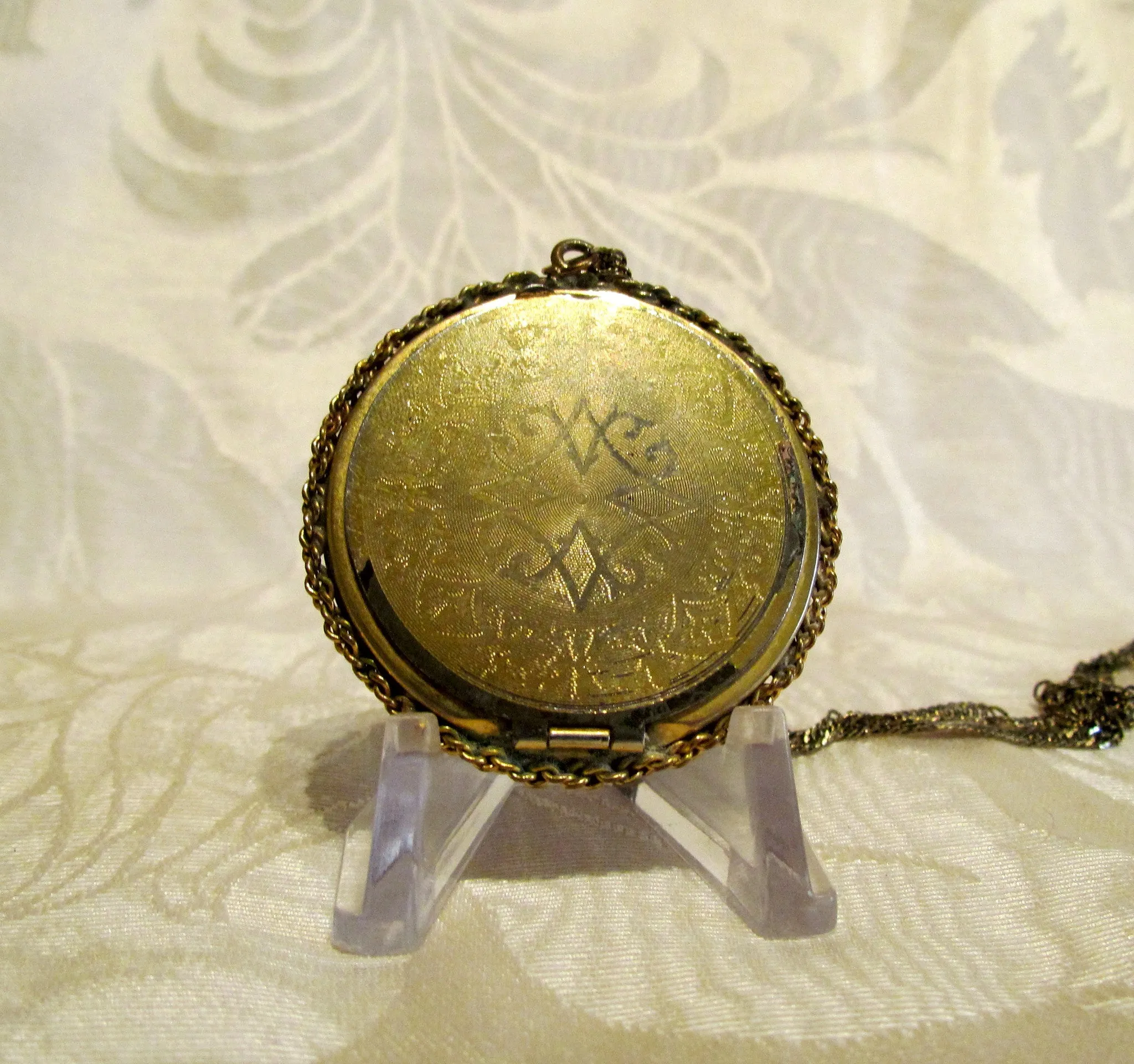 Gold Guilloche Enamel Pendant Compact Necklace Vintage Victorian Powder Compact Necklace