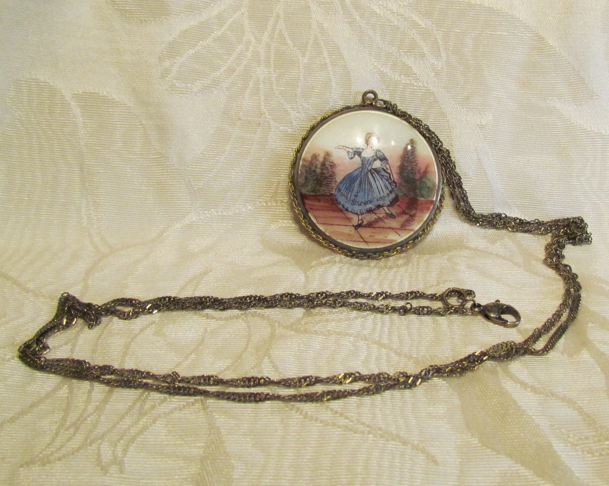 Gold Guilloche Enamel Pendant Compact Necklace Vintage Victorian Powder Compact Necklace