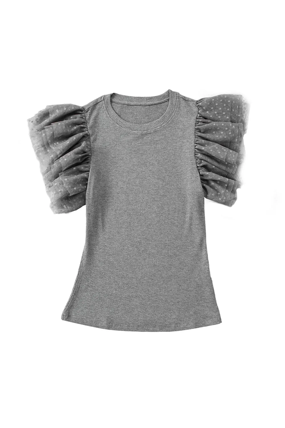 Gray Dotty Mesh Ruffle Sleeve Ribbed Knit Top