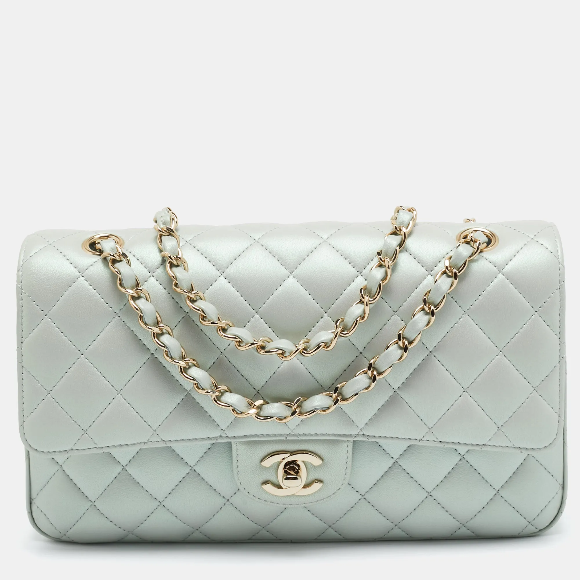 Green Iridescent Quilted Leather Medium Classic Double Flap Bag