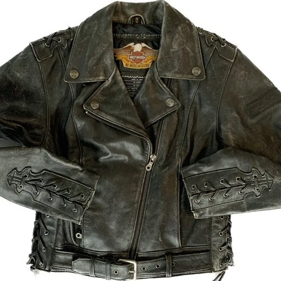 HARLEY-DAVIDSON Vintage Embossed Black Leather Lace Up Biker Moto Jacket