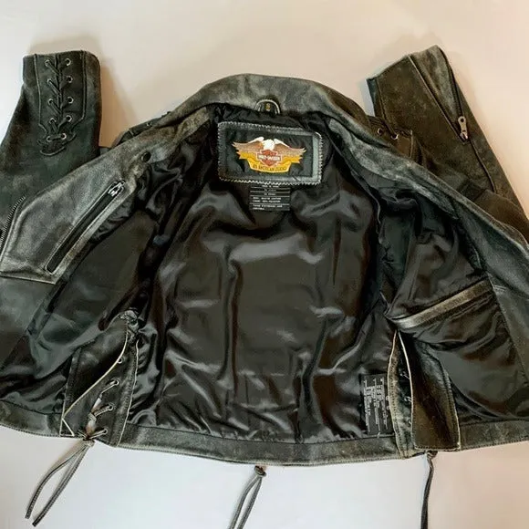 HARLEY-DAVIDSON Vintage Embossed Black Leather Lace Up Biker Moto Jacket