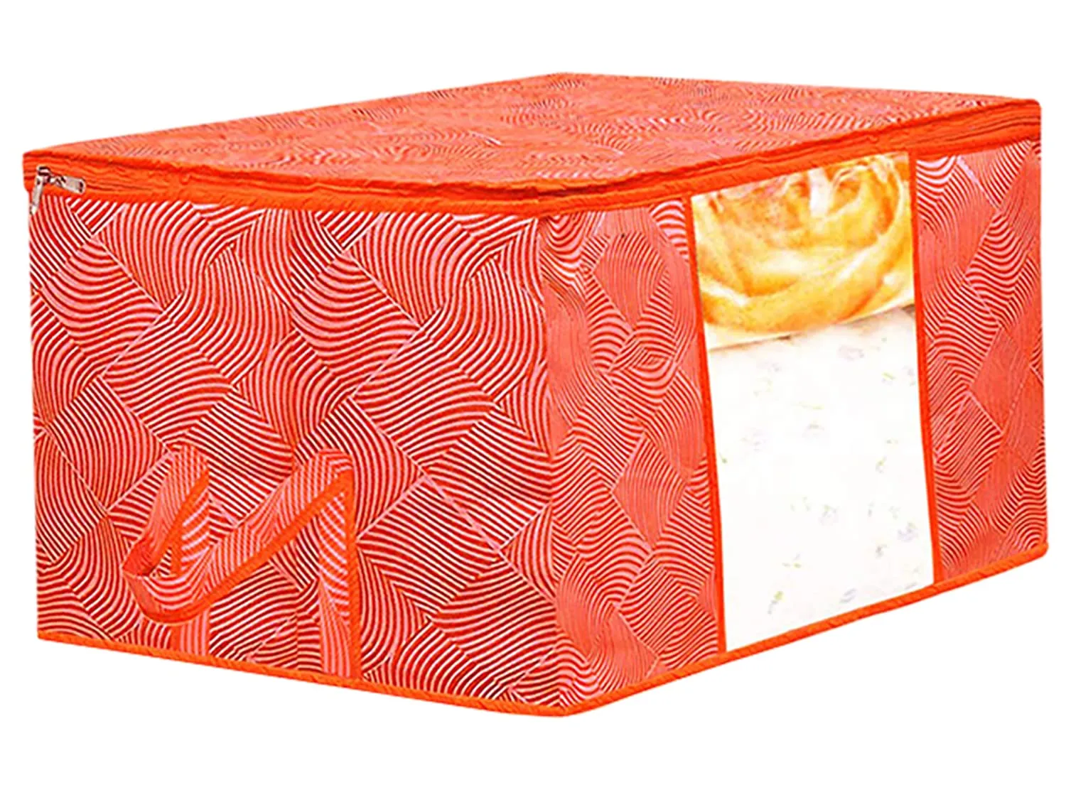 Heart Home Lahariya Design Non-woven Foldable Underbed/Storage Bag/Wardrobe Organizer With Transparent Window- Pack of 9 (Orange)-44HH0505