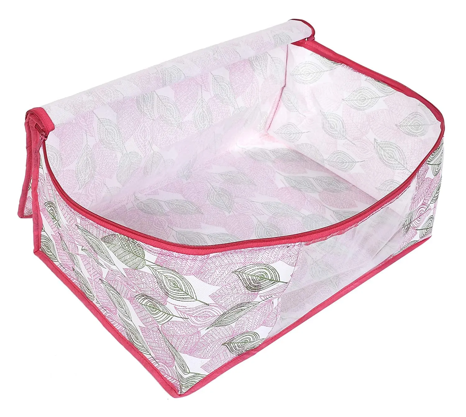 Heart Home Leaf Design Non-woven Foldable Saree Cover/Clothes Storage Bag/Wardrobe Organizer With Transparent Window- Pack of 12 (Pink)-44HH0367