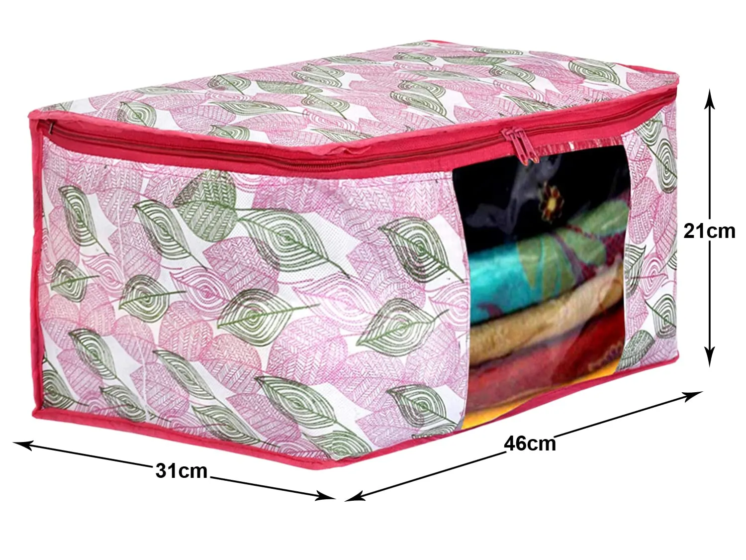 Heart Home Leaf Design Non-woven Foldable Saree Cover/Clothes Storage Bag/Wardrobe Organizer With Transparent Window- Pack of 12 (Pink)-44HH0367