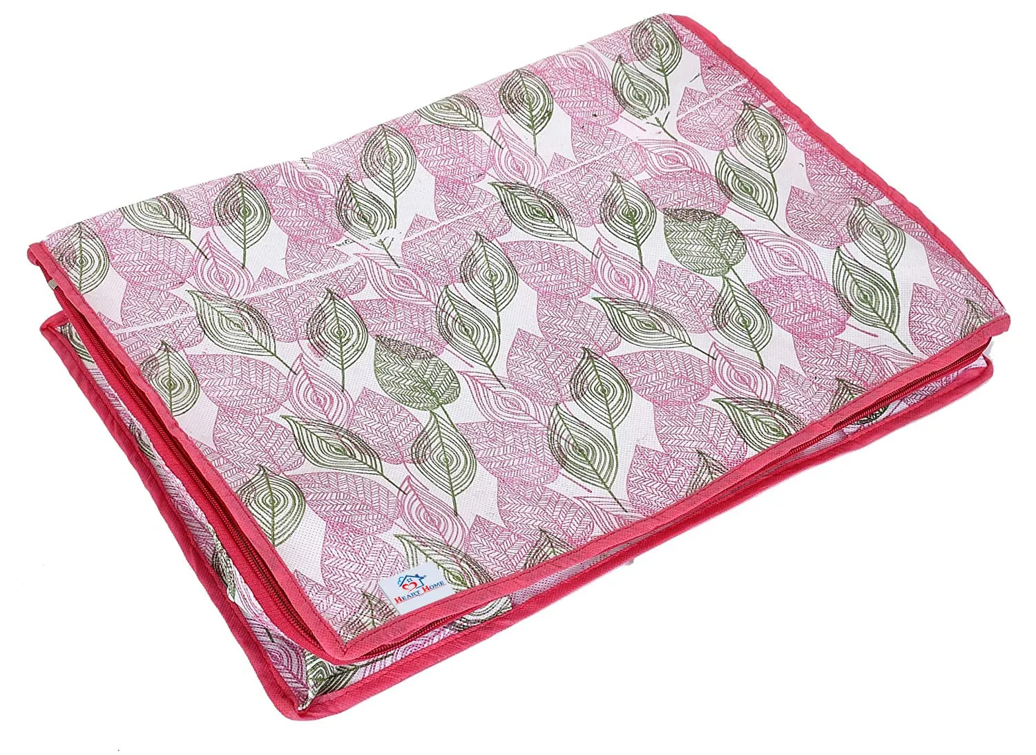 Heart Home Leaf Design Non-woven Foldable Saree Cover/Clothes Storage Bag/Wardrobe Organizer With Transparent Window- Pack of 12 (Pink)-44HH0367