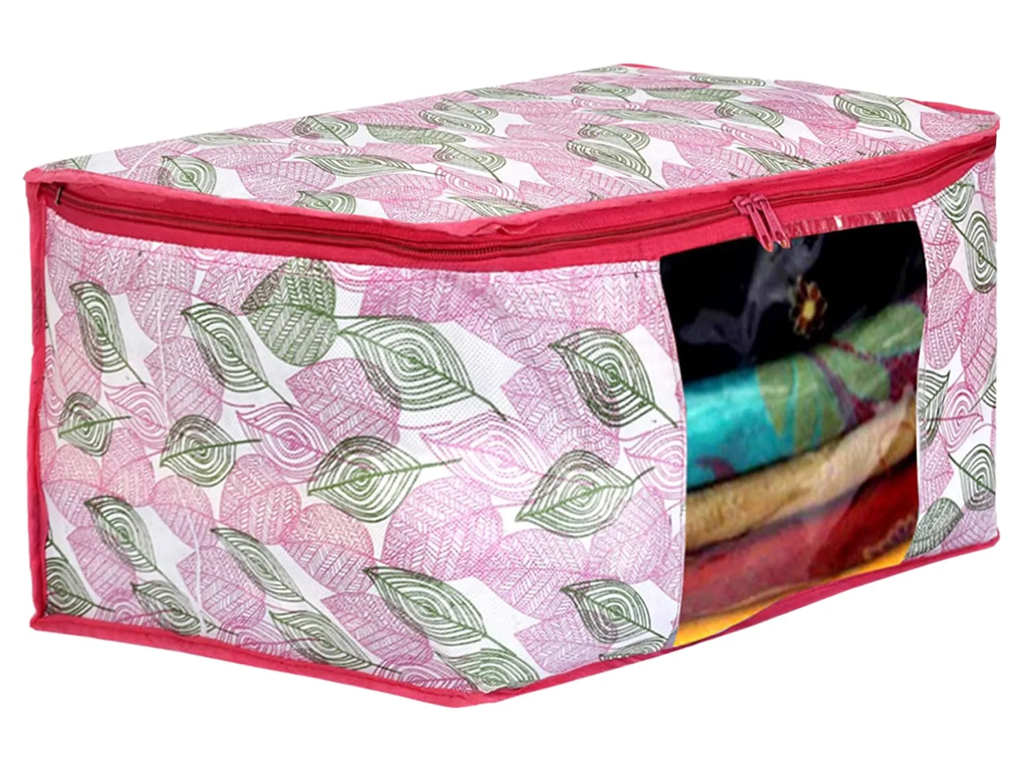 Heart Home Leaf Design Non-woven Foldable Saree Cover/Clothes Storage Bag/Wardrobe Organizer With Transparent Window- Pack of 12 (Pink)-44HH0367