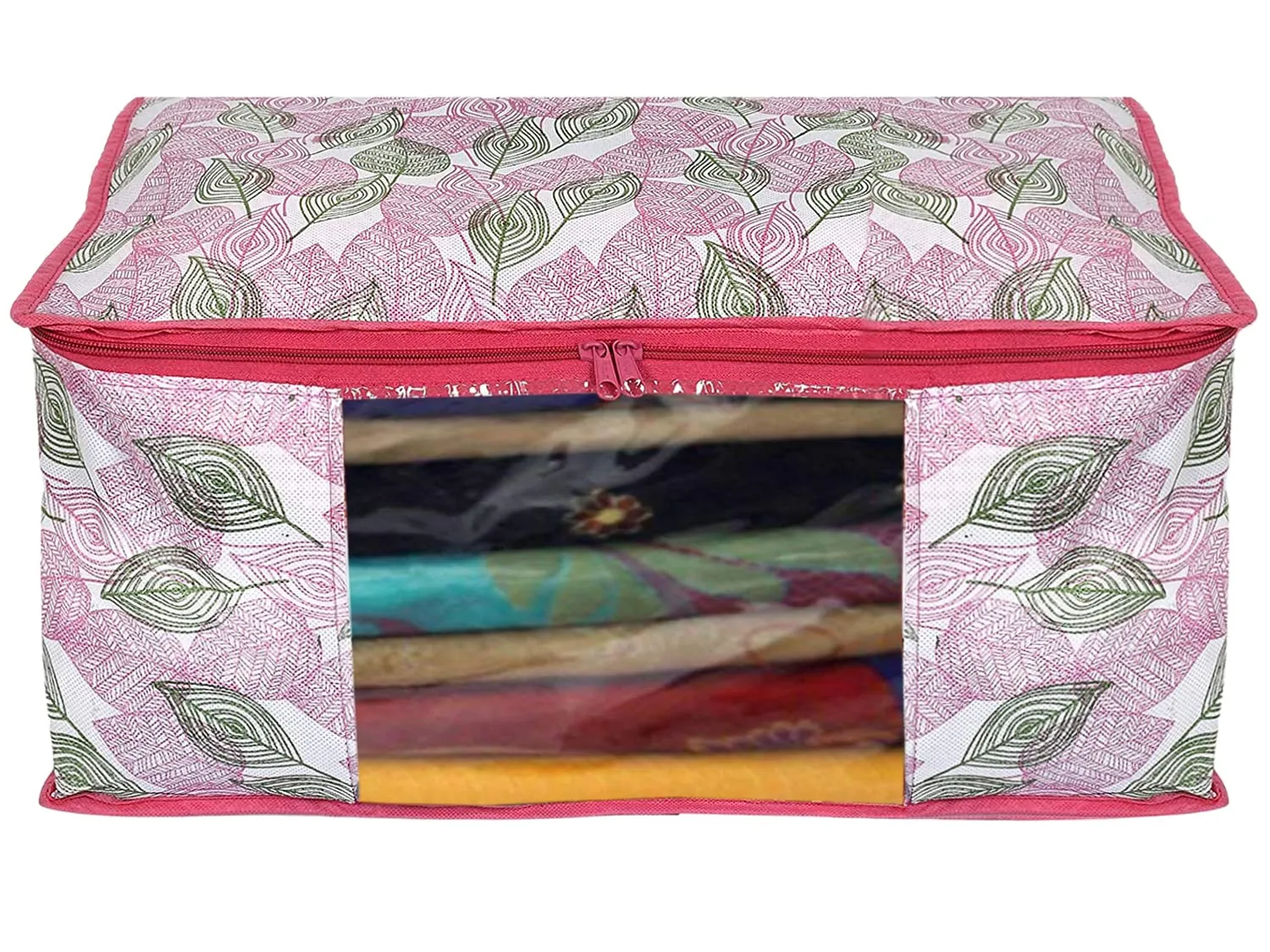 Heart Home Leaf Design Non-woven Foldable Saree Cover/Clothes Storage Bag/Wardrobe Organizer With Transparent Window- Pack of 12 (Pink)-44HH0367