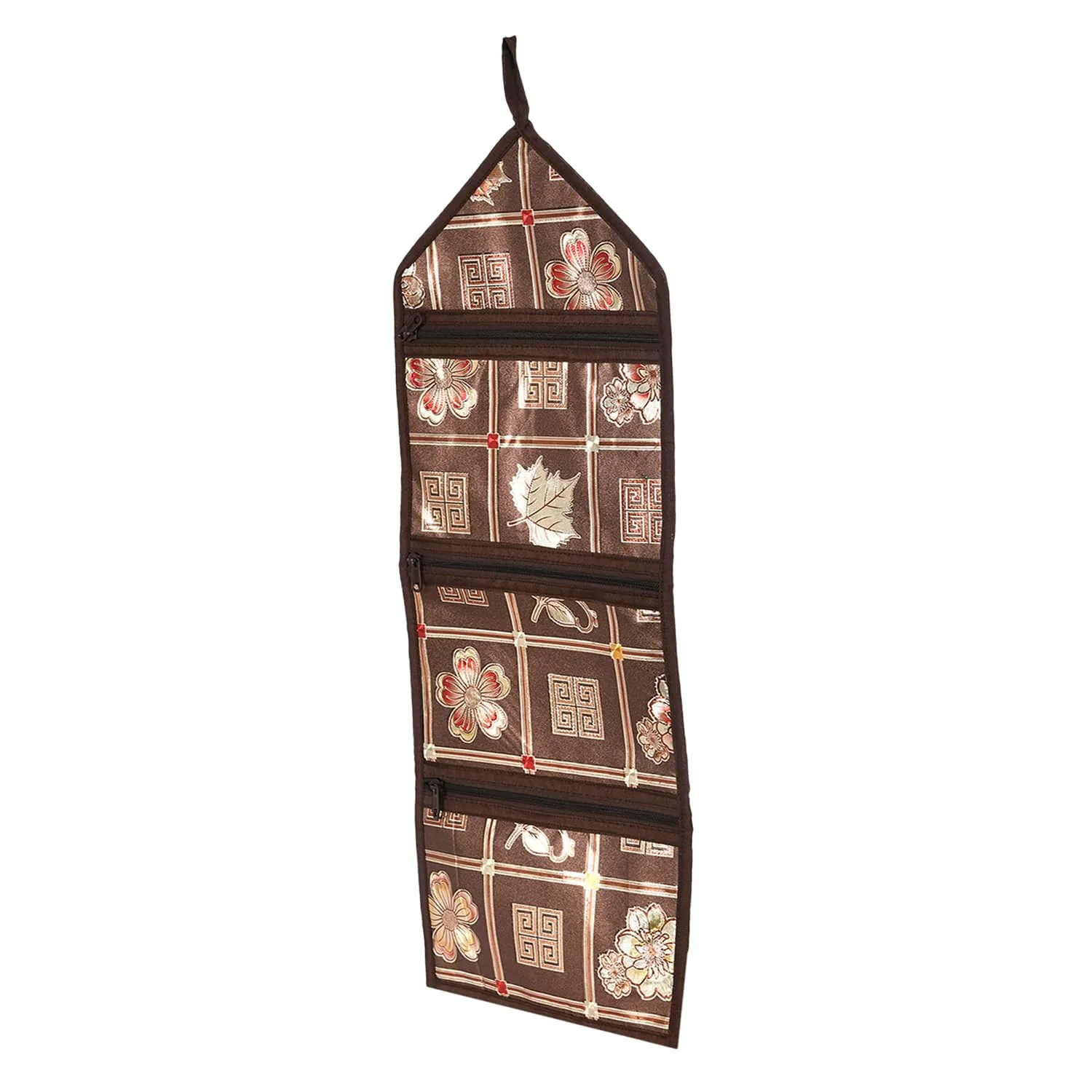 Heart Home Paper Holder | Foldable Hanging Organizer | PVC Shinning Check Pattern Document Holder | 3 Pocket Wall Hanging Holder with Zipper | Brown