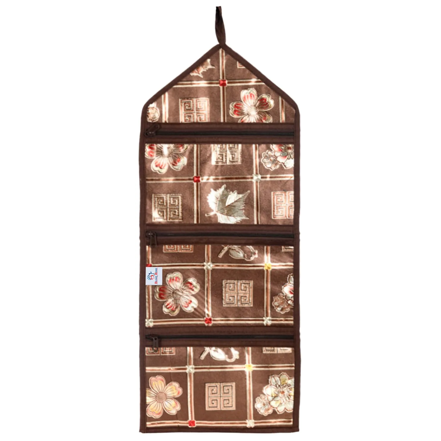 Heart Home Paper Holder | Foldable Hanging Organizer | PVC Shinning Check Pattern Document Holder | 3 Pocket Wall Hanging Holder with Zipper | Brown