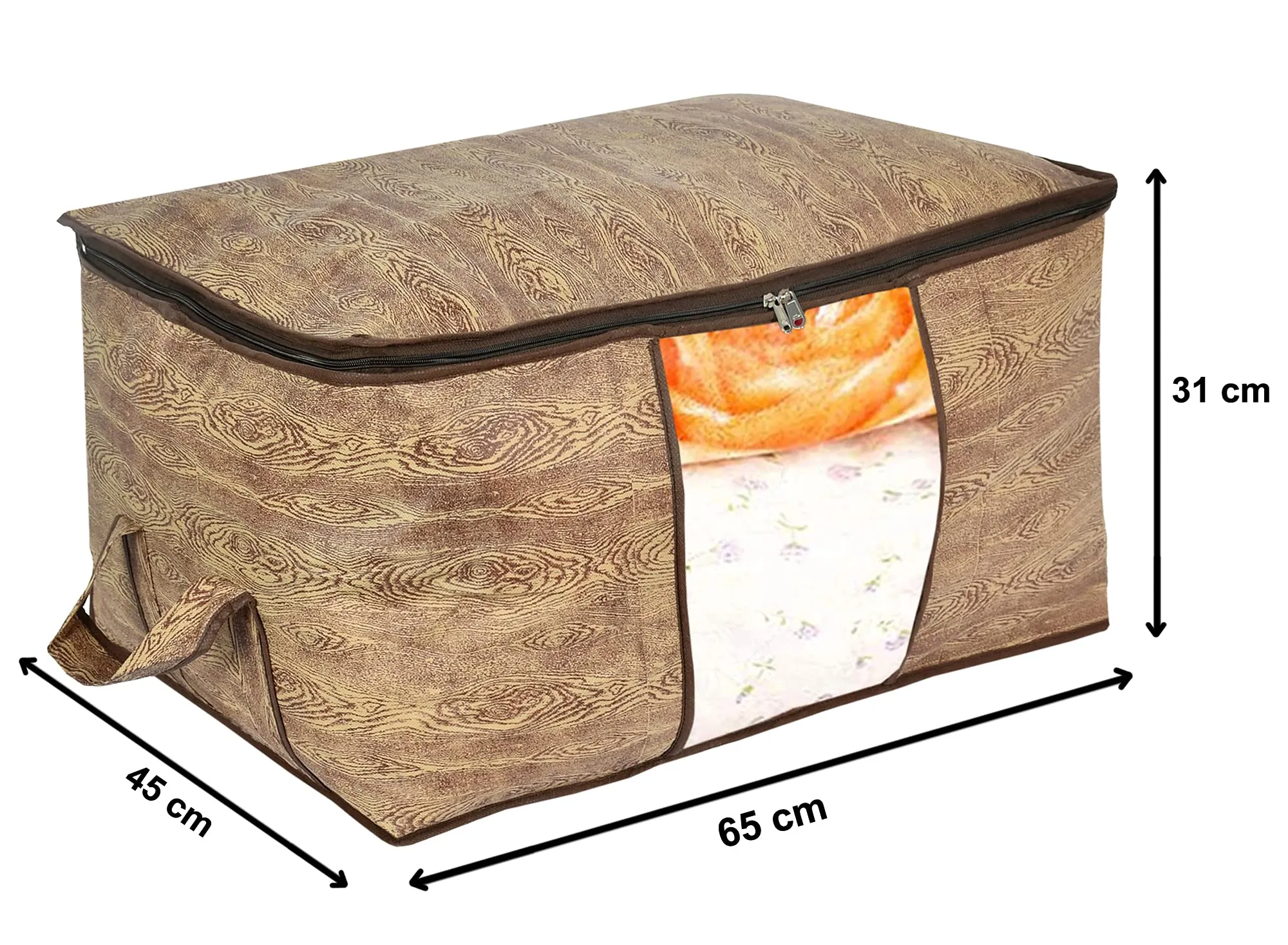 Heart Home Wooden Print Non Woven 2 Pieces Underbed Storage Bag,Cloth Organiser,Blanket Cover with Transparent Window (Brown)