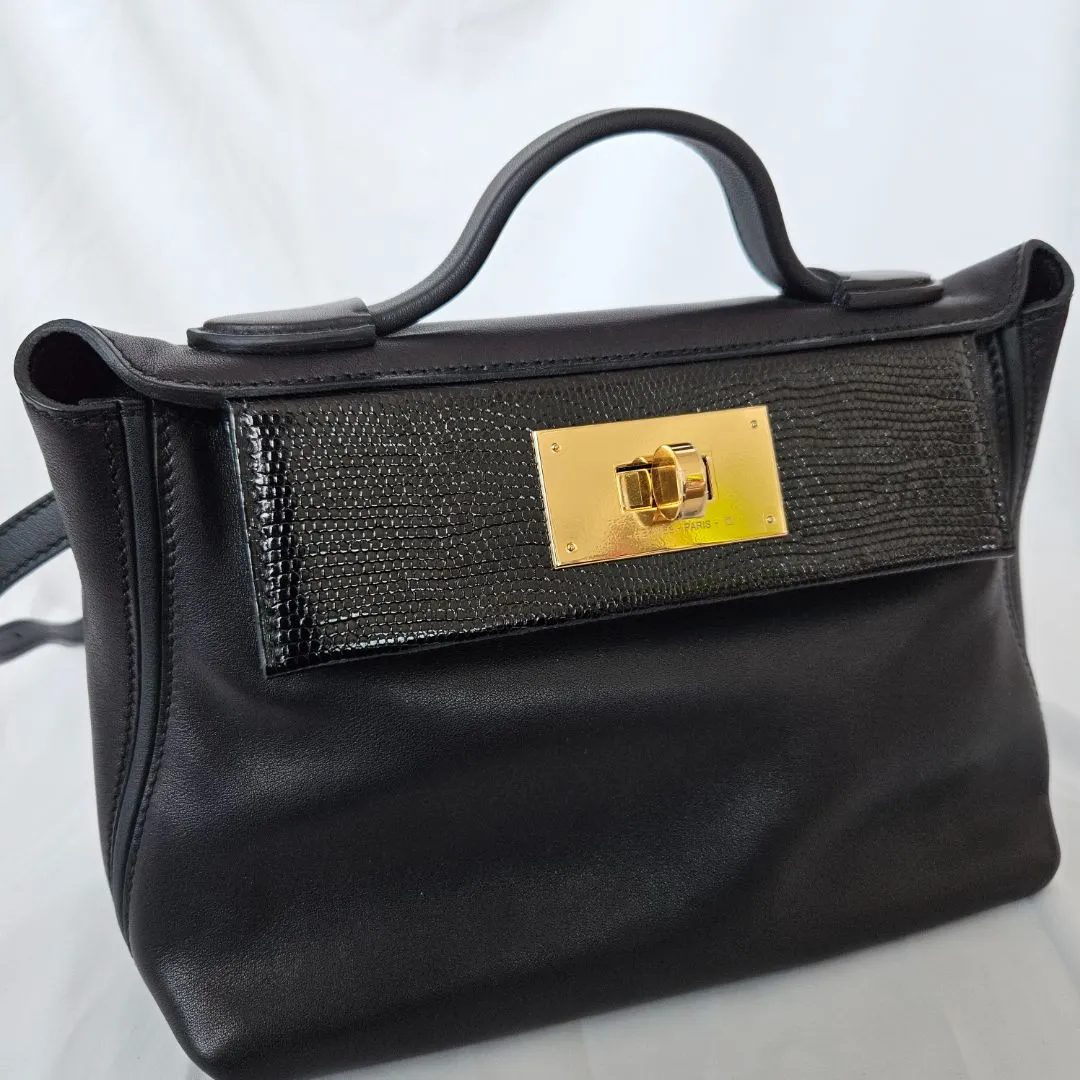 Hermès 24/24 21 Black in Swift Leather with Lizard Touch with Gold Hardware