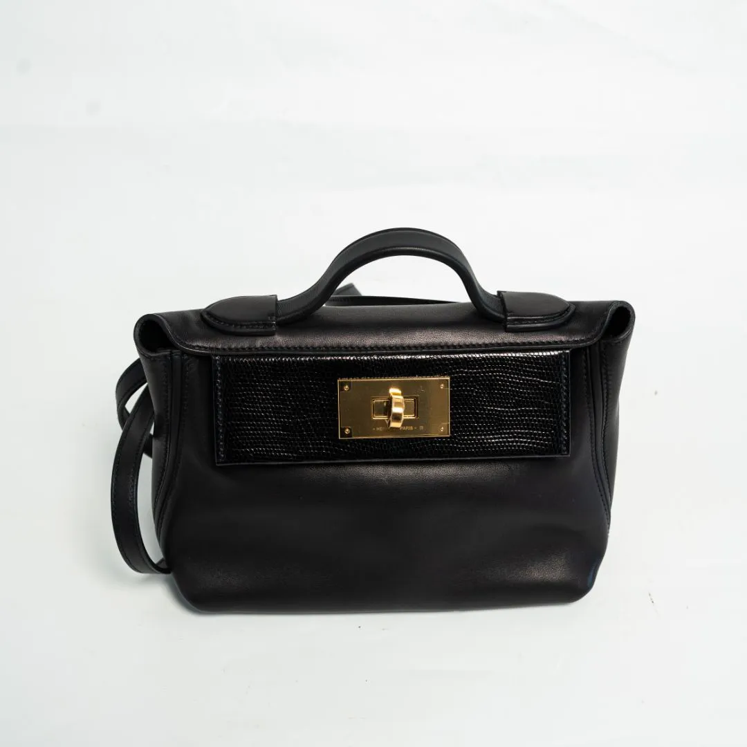 Hermès 24/24 21 Black in Swift Leather with Lizard Touch with Gold Hardware