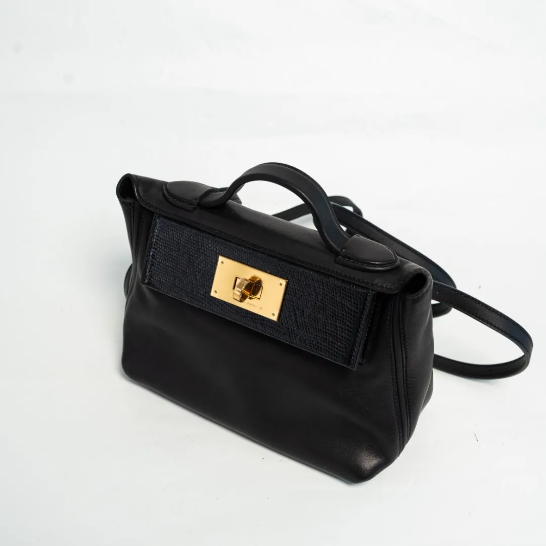 Hermès 24/24 21 Black in Swift Leather with Lizard Touch with Gold Hardware