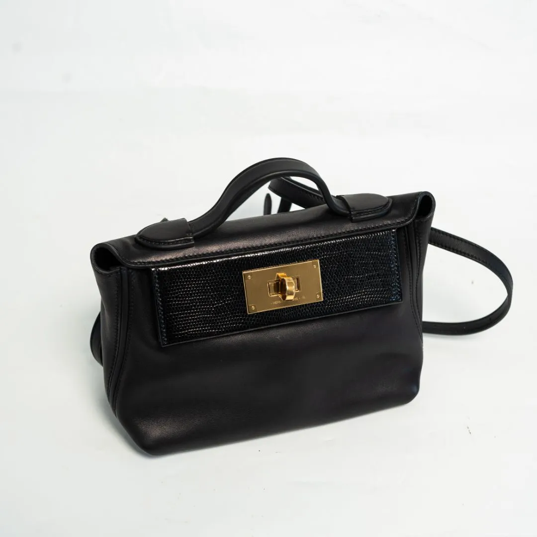 Hermès 24/24 21 Black in Swift Leather with Lizard Touch with Gold Hardware