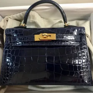 Hermès Kelly 20 Bleu Saphir Sellier Alligator Mississippi Lisse Gold Hardware GHW