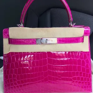 Hermès Kelly 28 Rose Sheherazade Sellier Crocodile Niloticus Lisse Palladium Hardware PHW