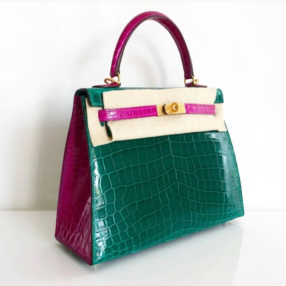 Hermès Kelly HSS 25 Vert Emeraude/Rose Sheherazade Sellier Crocodile Niloticus Lisse Brushed Gold Hardware BGHW