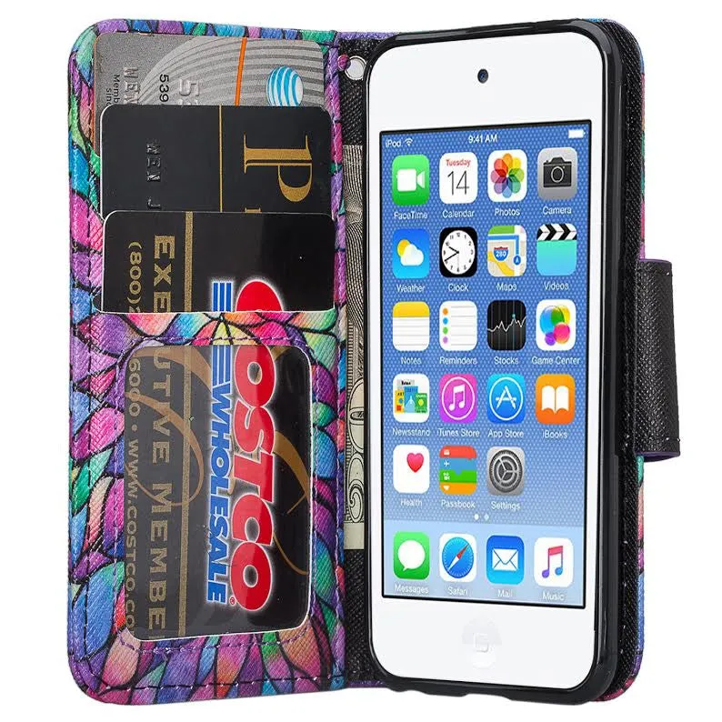 iPod Touch 5 / Ipod Touch 6 Wallet Case, Slim Strap Flip Folio [Kickstand] Pu Leather Wallet Case with ID & Credit Card Slots - Rainbow Flower