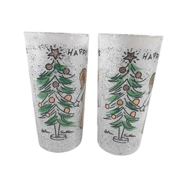 John Sutton Signed Mid-Century Angel and Christmas Tree Flocked Glasses (Set of 2)