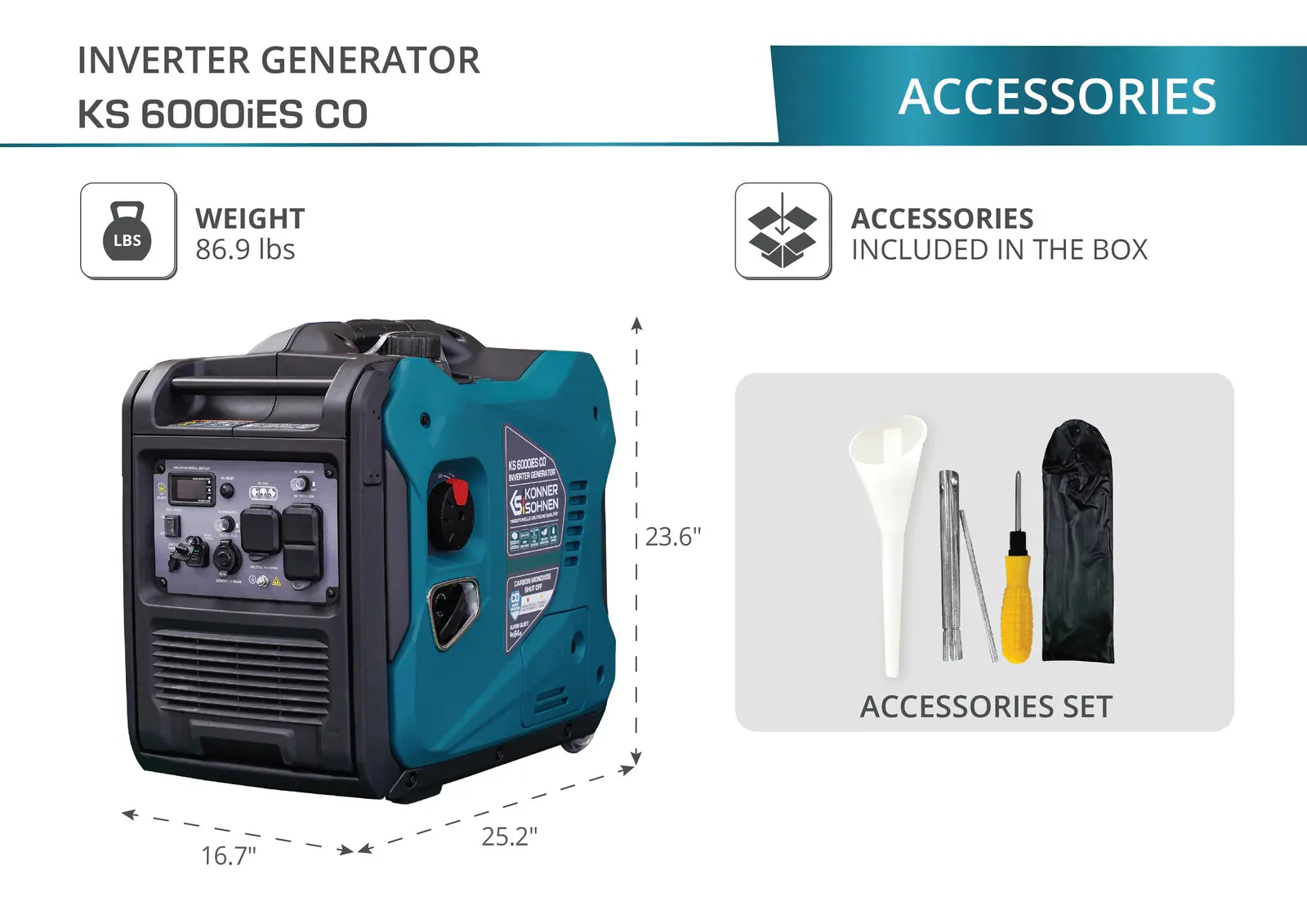 Konner Sohnen KS 6000iES CO 5000W/5500W Generator Gas Inverter with CO Sensor Pure Sine Wave New