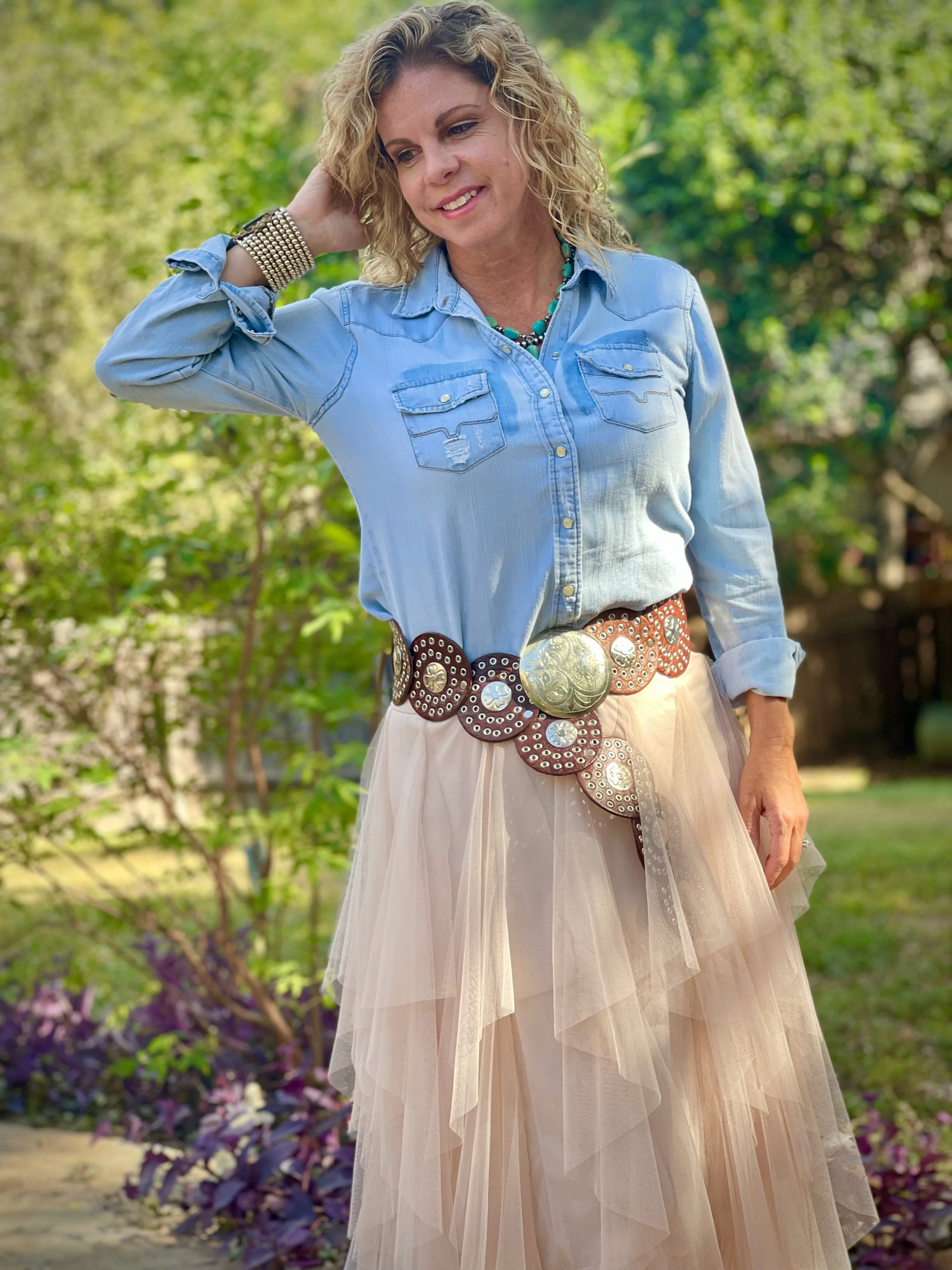 Light Brown Round Concho - Leather Belt