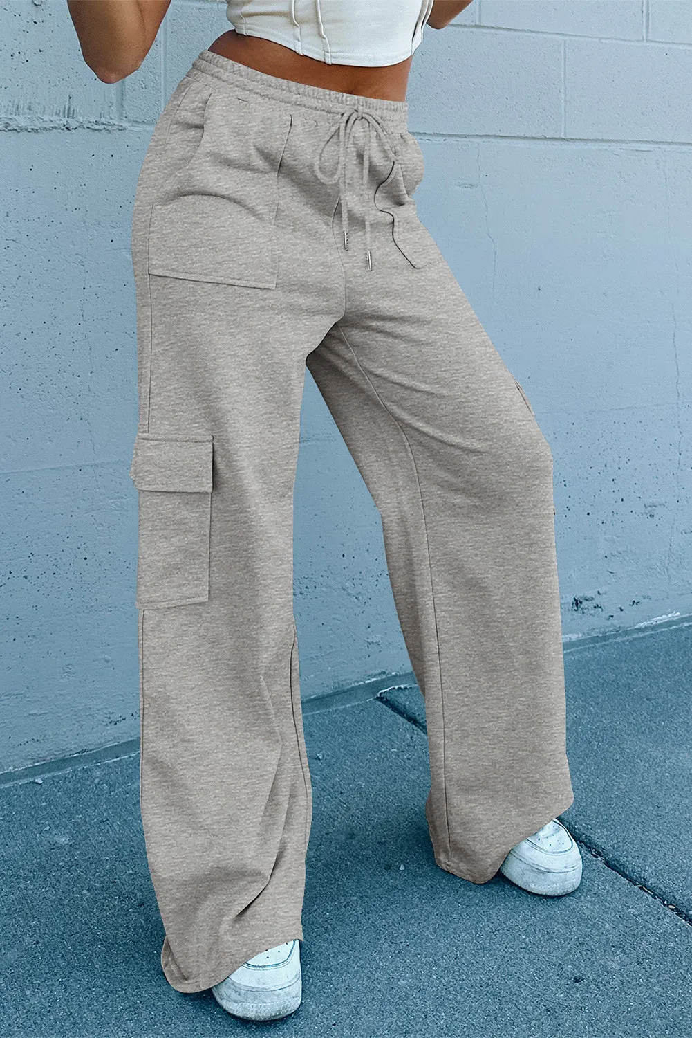 Light Grey Multi Pockets Lace Up High Waist Wide Leg Workout Pants