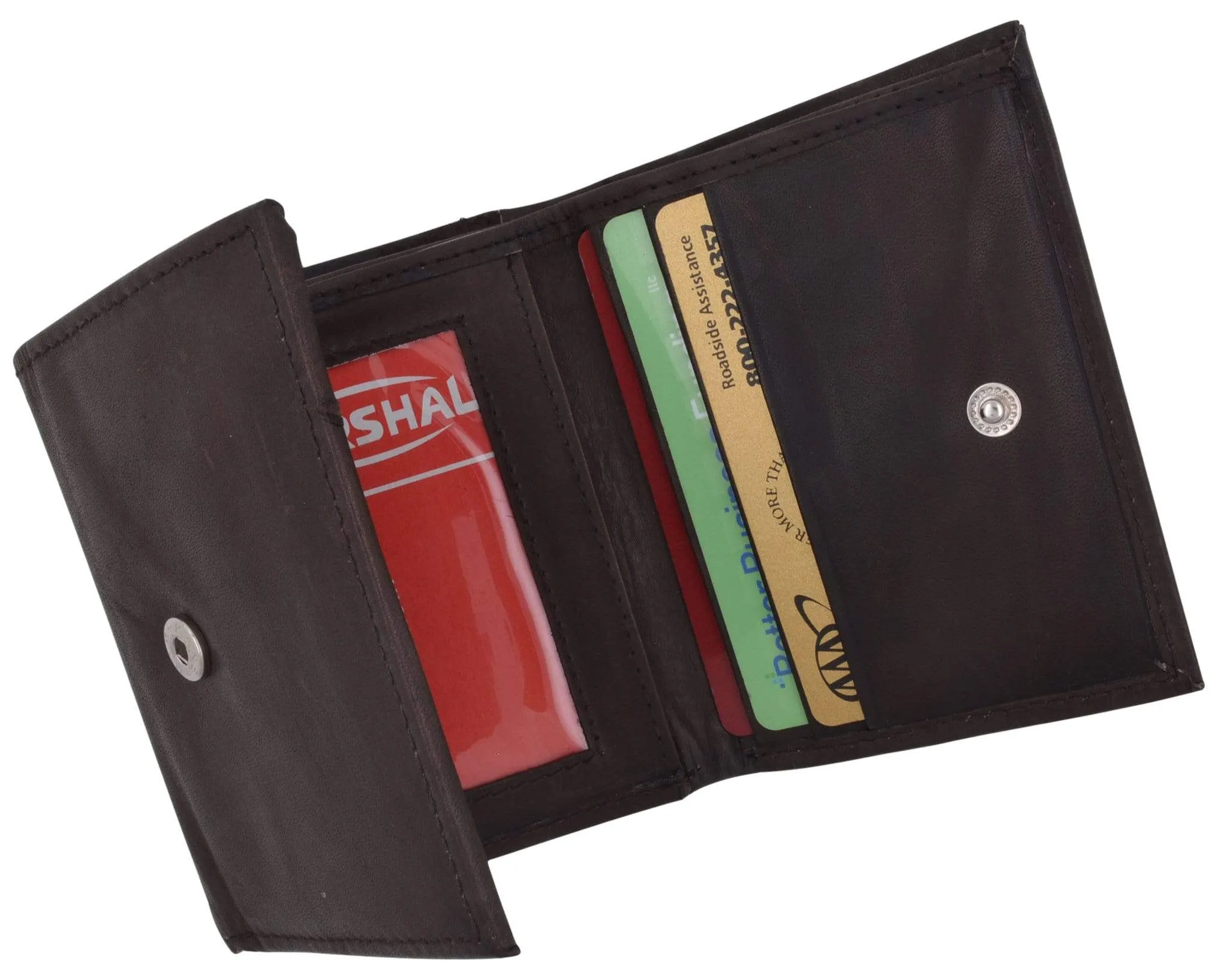 Mens Cowhide Leather ID Card Holder Trifold Wallet with Coin Pouch 2055 CF