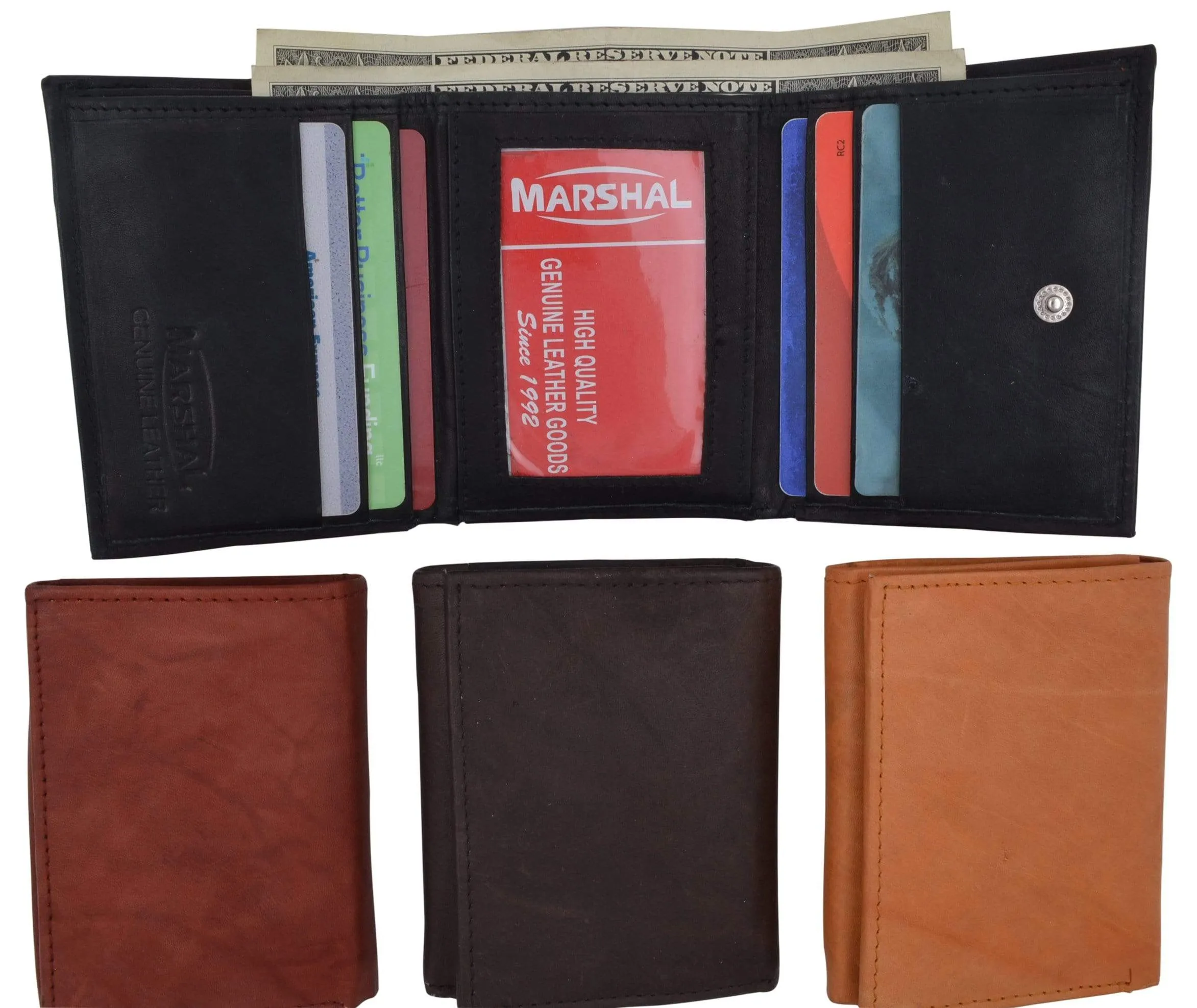 Mens Cowhide Leather ID Card Holder Trifold Wallet with Coin Pouch 2055 CF