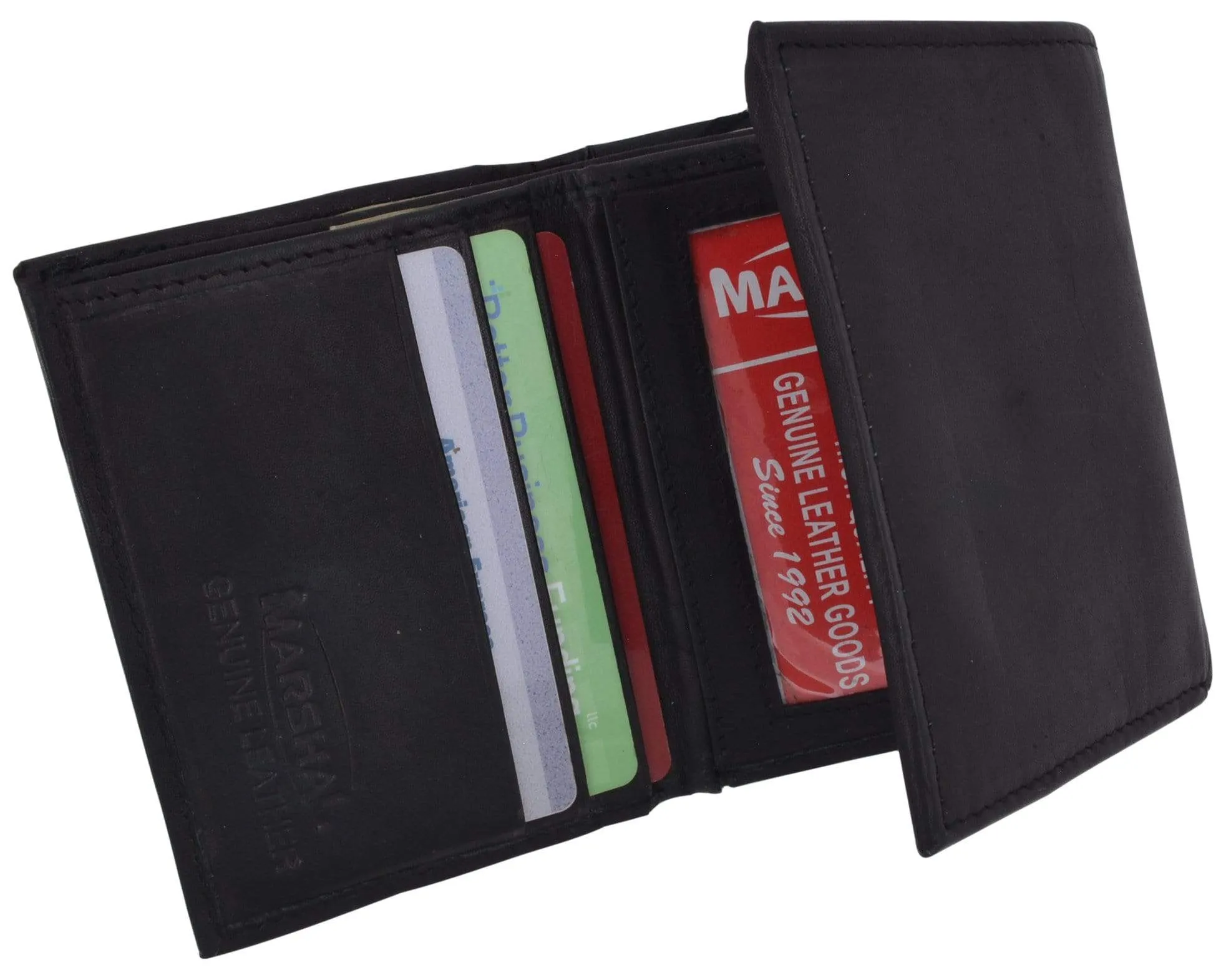 Mens Cowhide Leather ID Card Holder Trifold Wallet with Coin Pouch 2055 CF