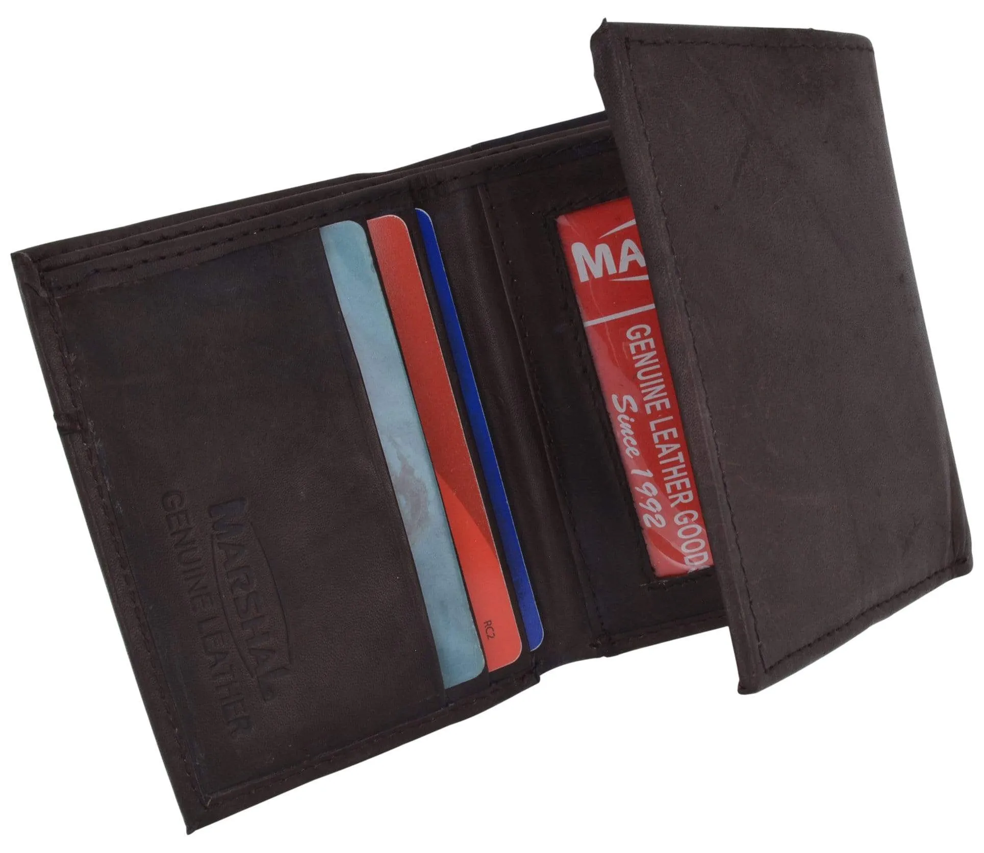 Mens Cowhide Leather ID Card Holder Trifold Wallet with Coin Pouch 2055 CF