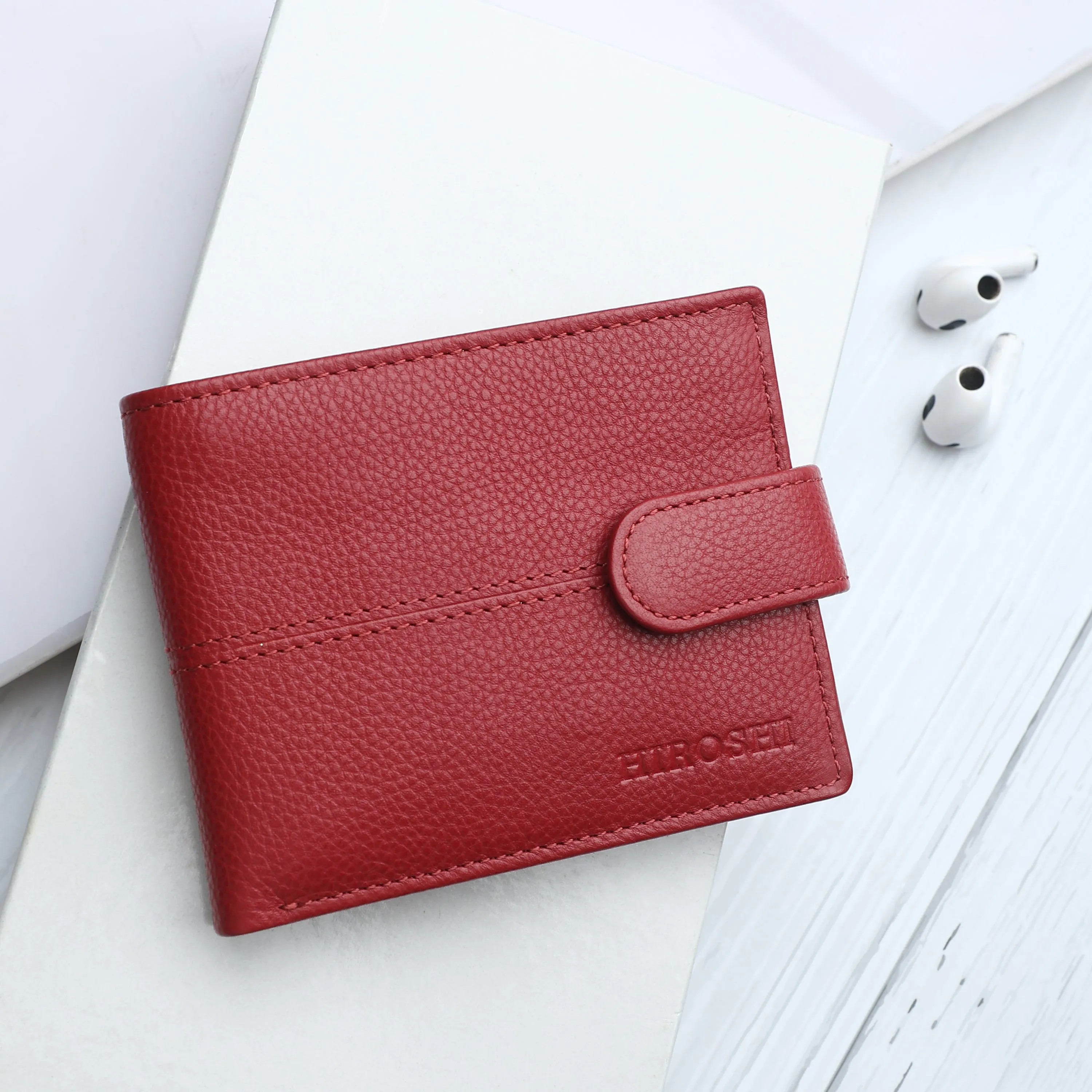 Men's Red Leather Fold Wallet - Hiroshi