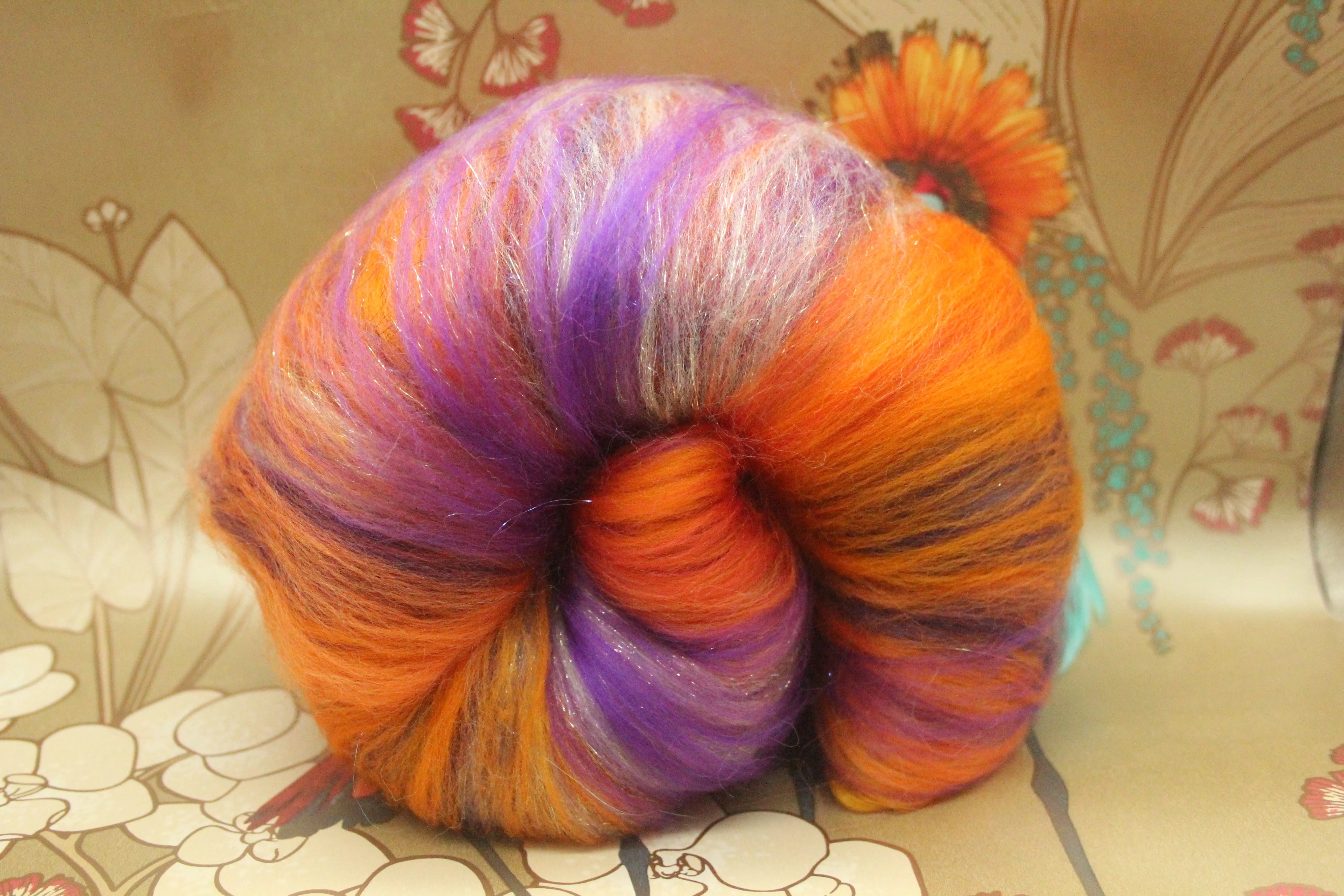 Merino Art Batt  - Orange Purple - 96 grams 3.3 oz - Wool for felting, spinning and weaving