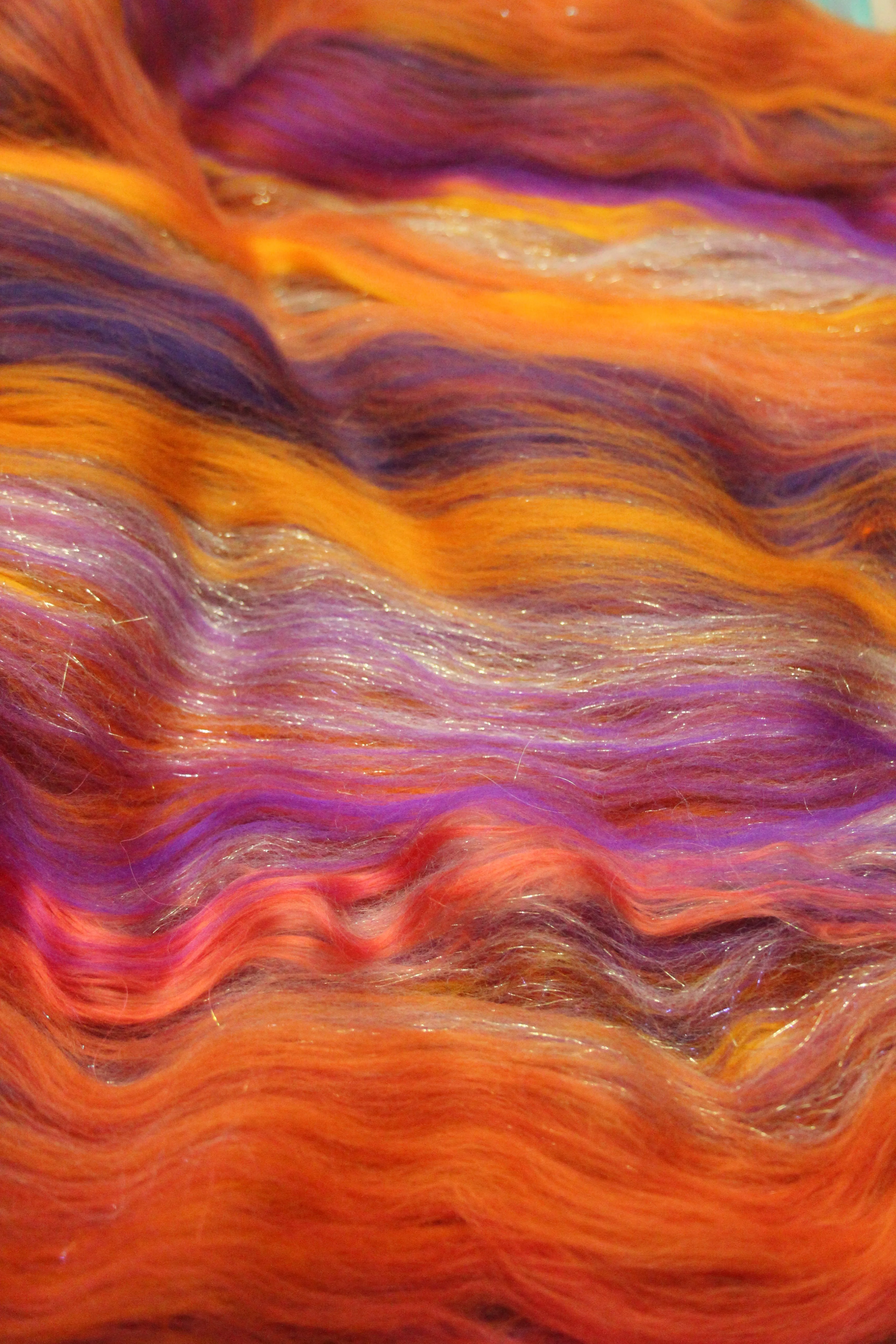 Merino Art Batt  - Orange Purple - 96 grams 3.3 oz - Wool for felting, spinning and weaving