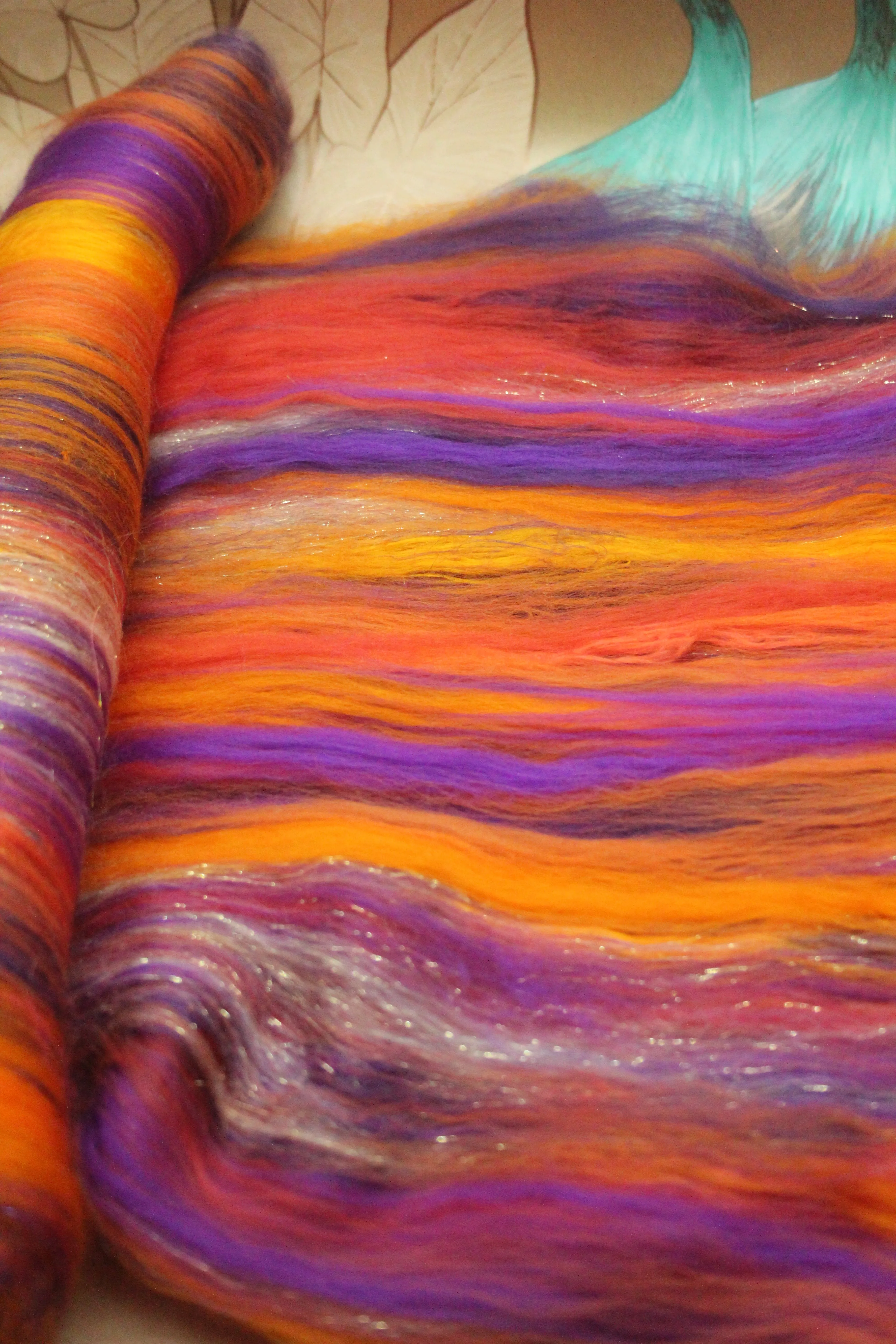 Merino Art Batt  - Orange Purple - 96 grams 3.3 oz - Wool for felting, spinning and weaving