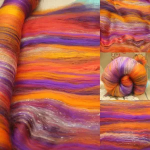 Merino Art Batt  - Orange Purple - 96 grams 3.3 oz - Wool for felting, spinning and weaving