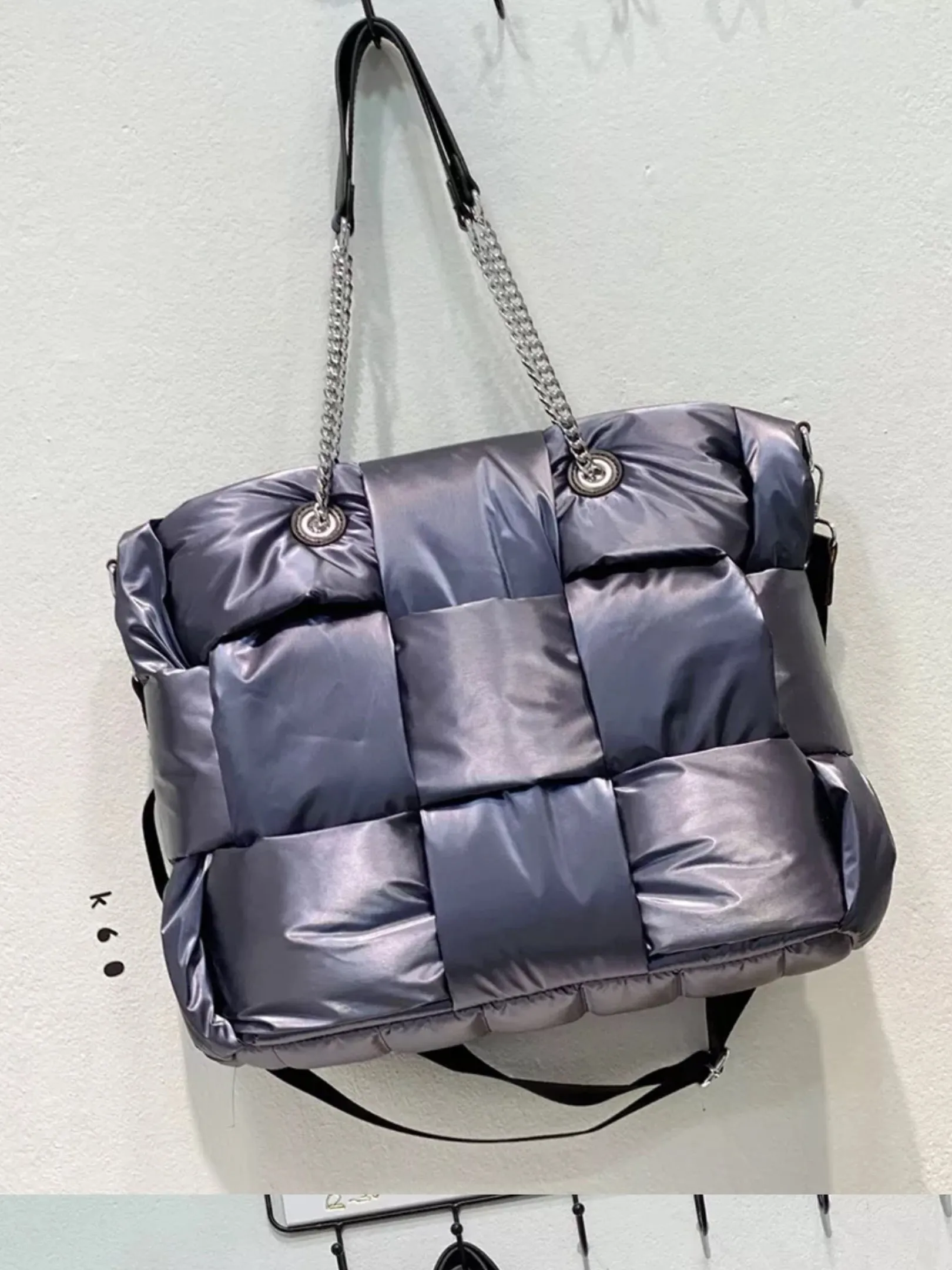 Metallic Weave Puffer Tote With Chain Handle  - Assorted Colors